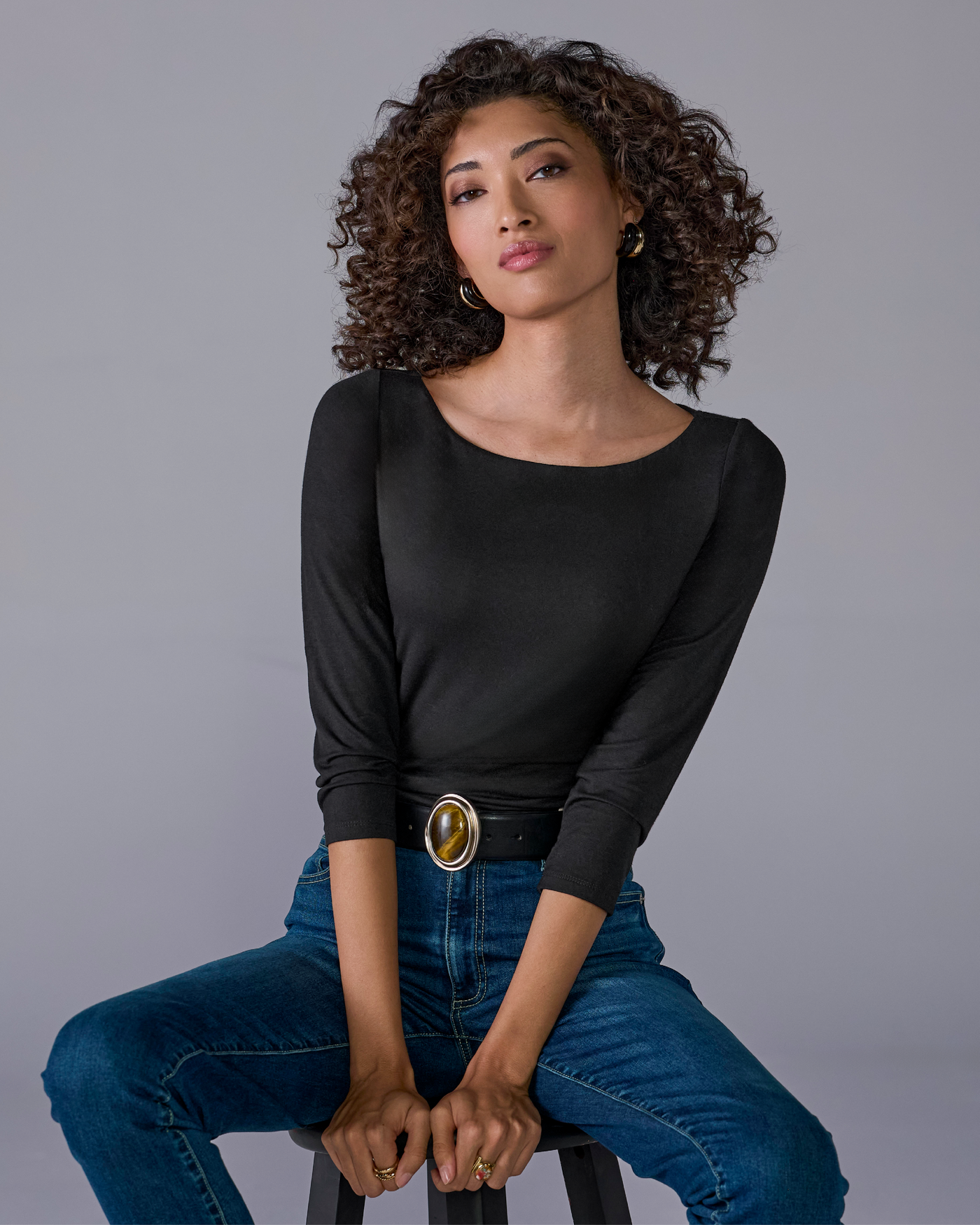 So Effortless Boat Neck 3/4 Sleeve Knit Top Proper Black