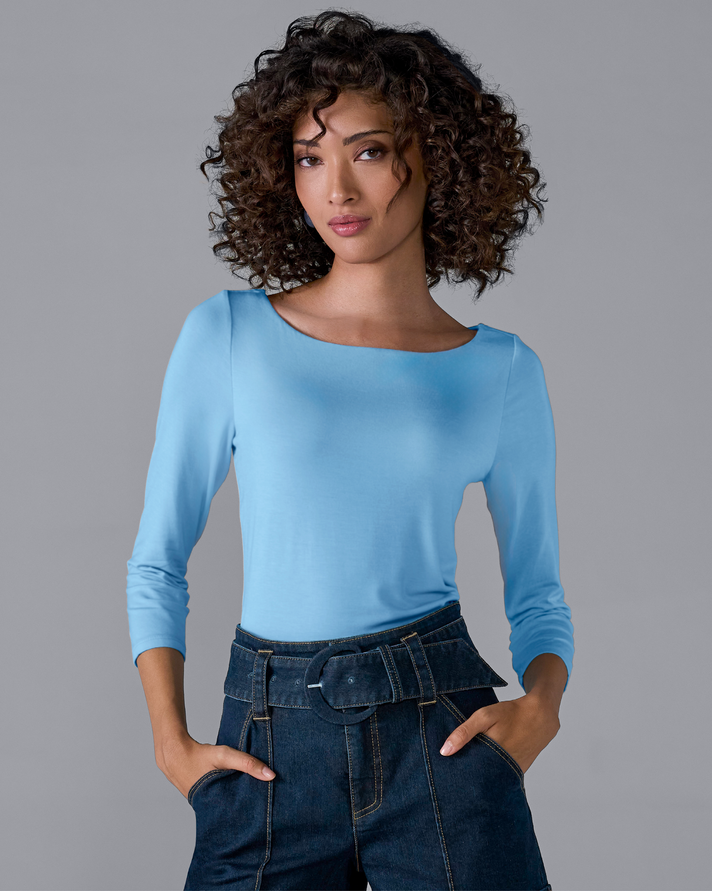 So Effortless Boat Neck 3/4 Sleeve Knit Top Airy Blue