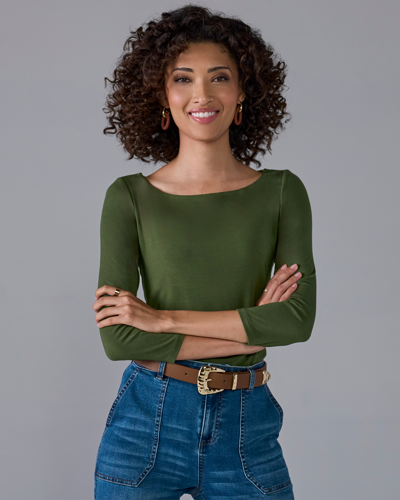So Effortless Boat Neck 3/4 Sleeve Knit Top Tuscan Olive