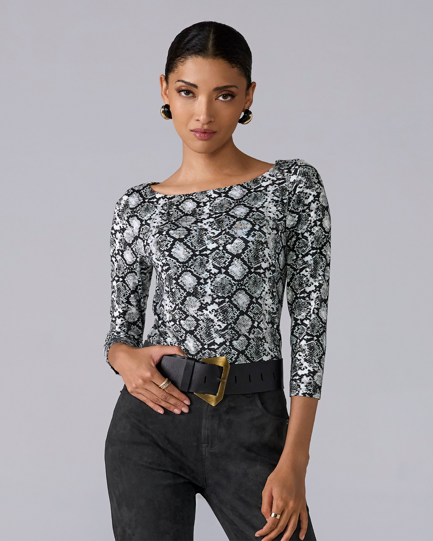 So Effortless Printed Boat Neck 3/4 Sleeve Knit Top Sunset Snake