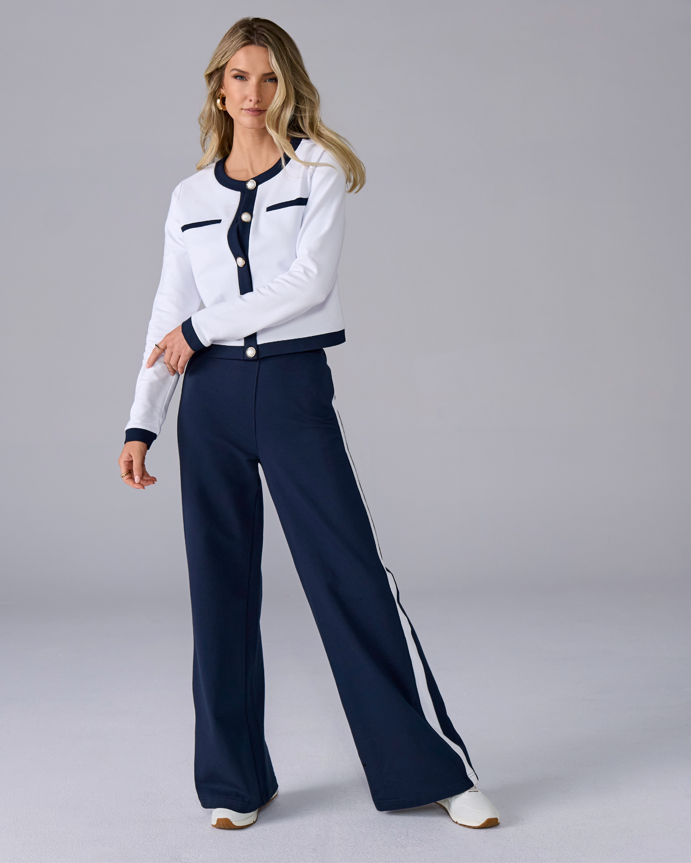 French Terry Color-block Cropped Jacket and Pant Set Navy/White