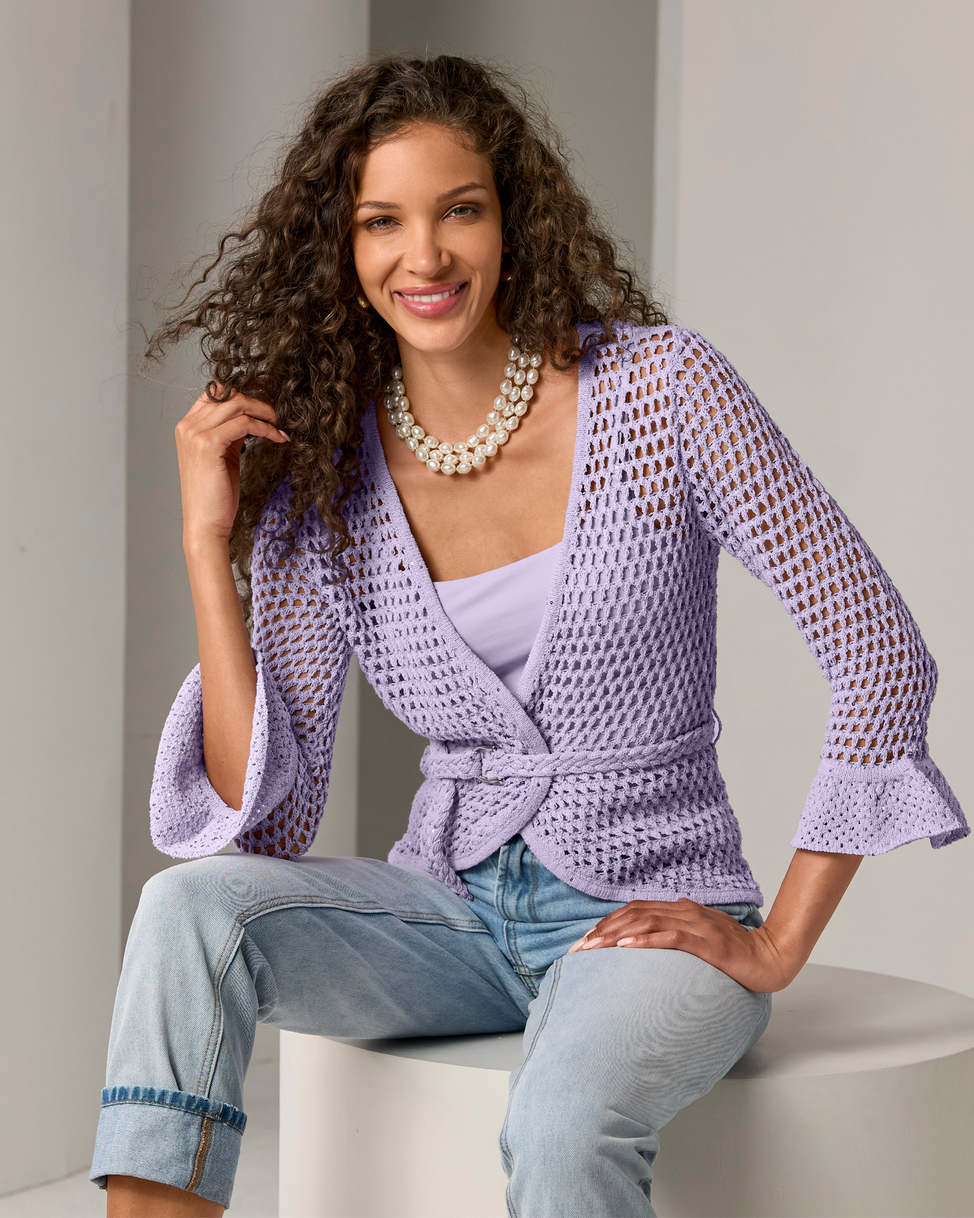 Sequin Crochet Belted Cardigan Pastel Lilac