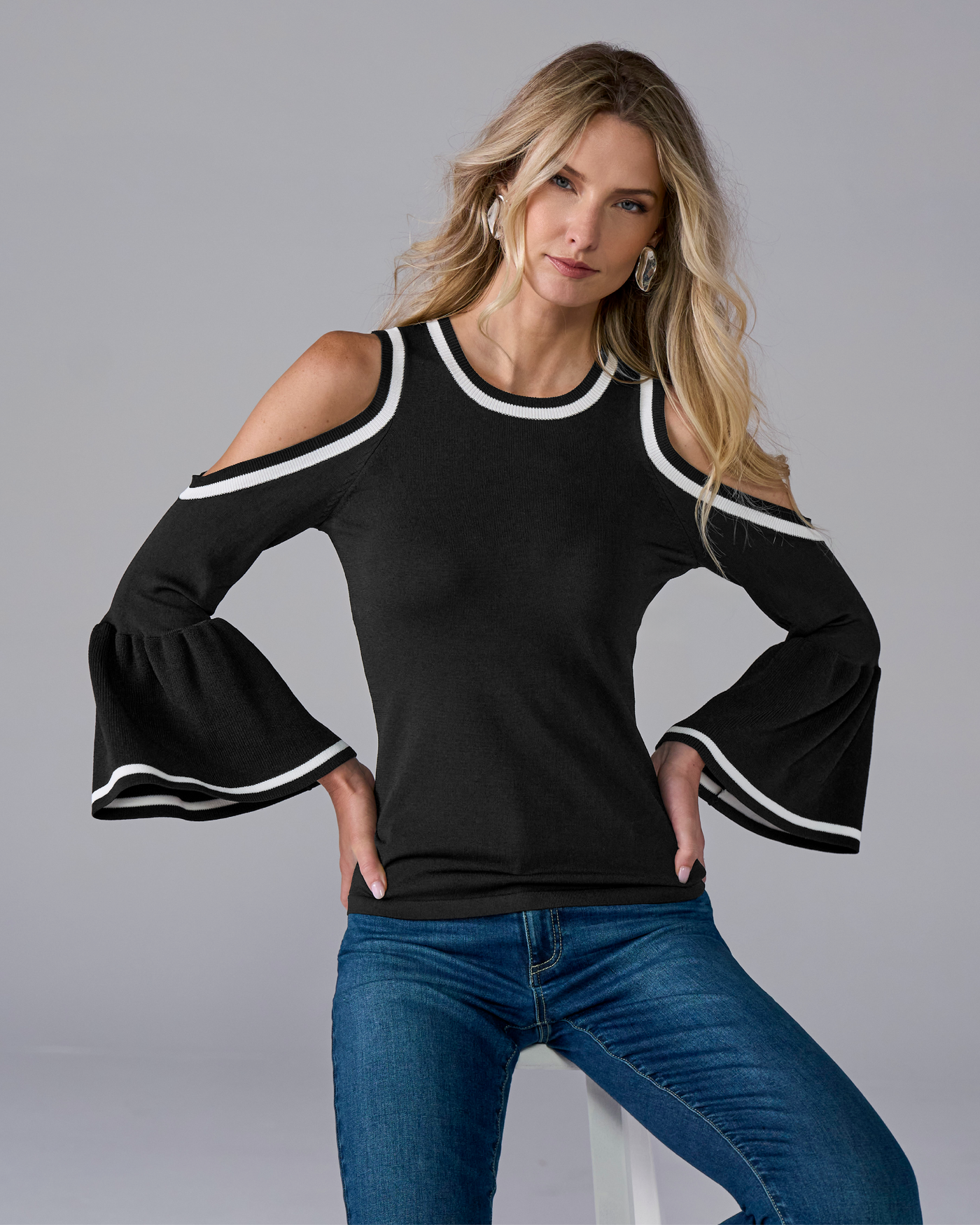 Color Block Cold Shoulder Ruffle Sleeve Sweater Black/White