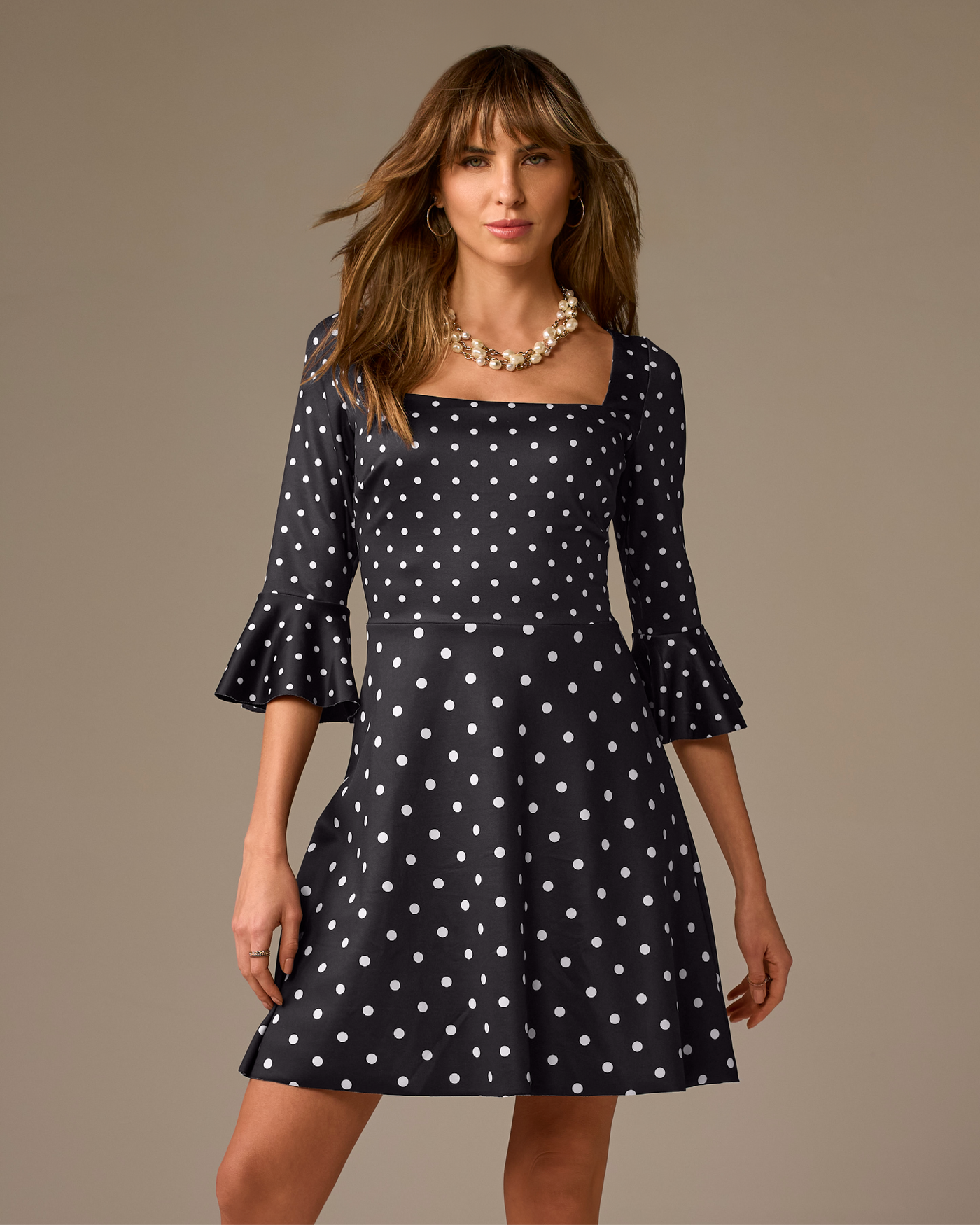 Flare Sleeve Square-Neck Dress Party Polka