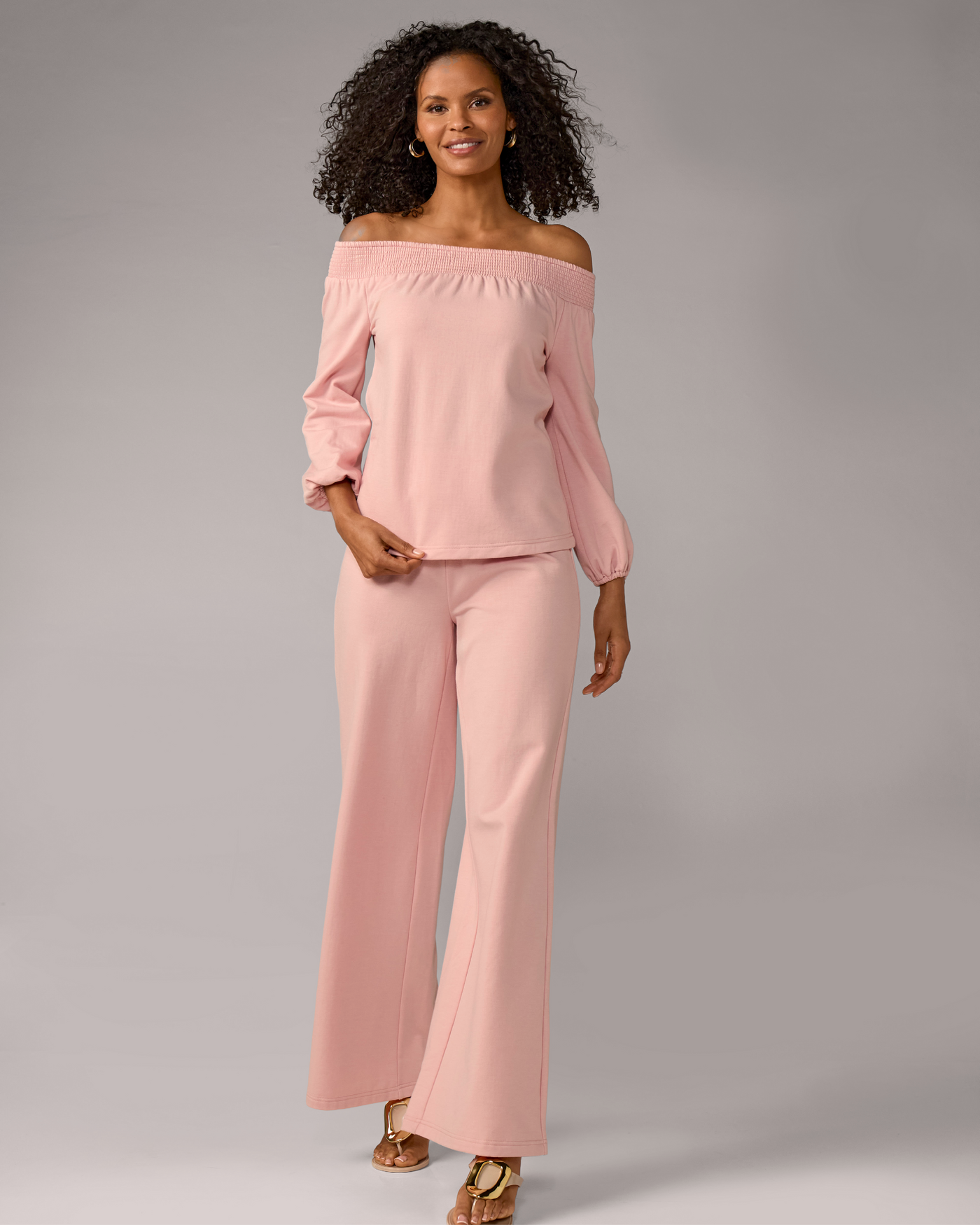 Off The Shoulder Smocked Lounge Set Pale Pink