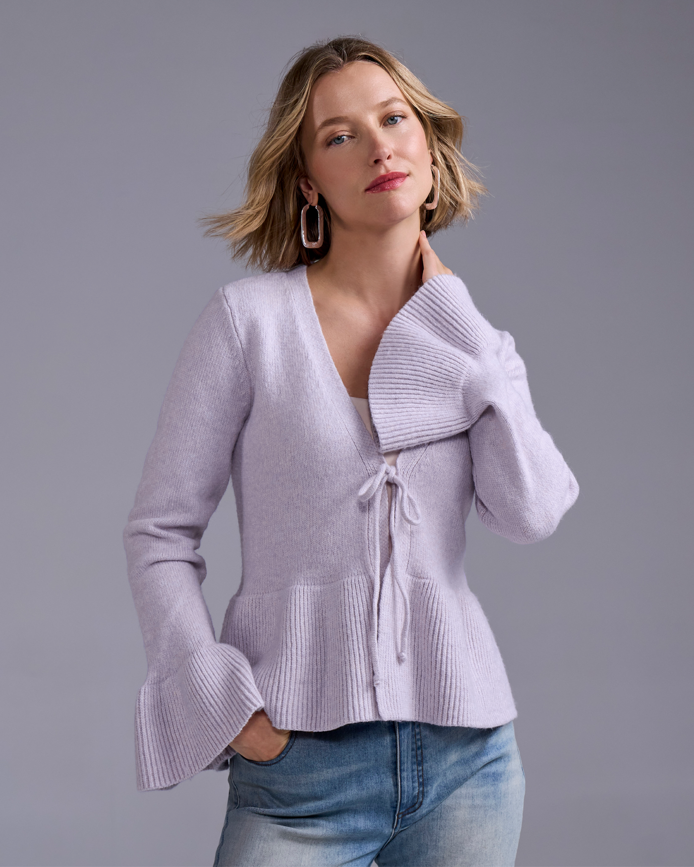 Flare Sleeve Tie Front Cardigan Pastel Lilac