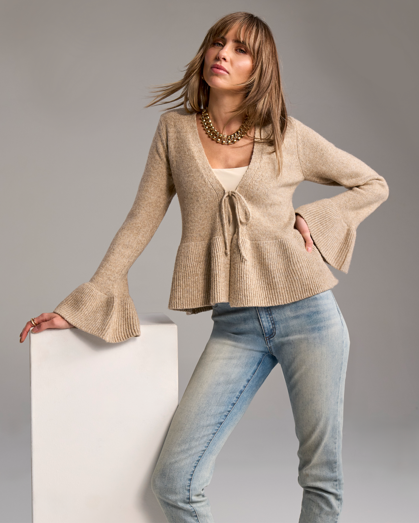 Flare Sleeve Tie Front Cardigan Sesame