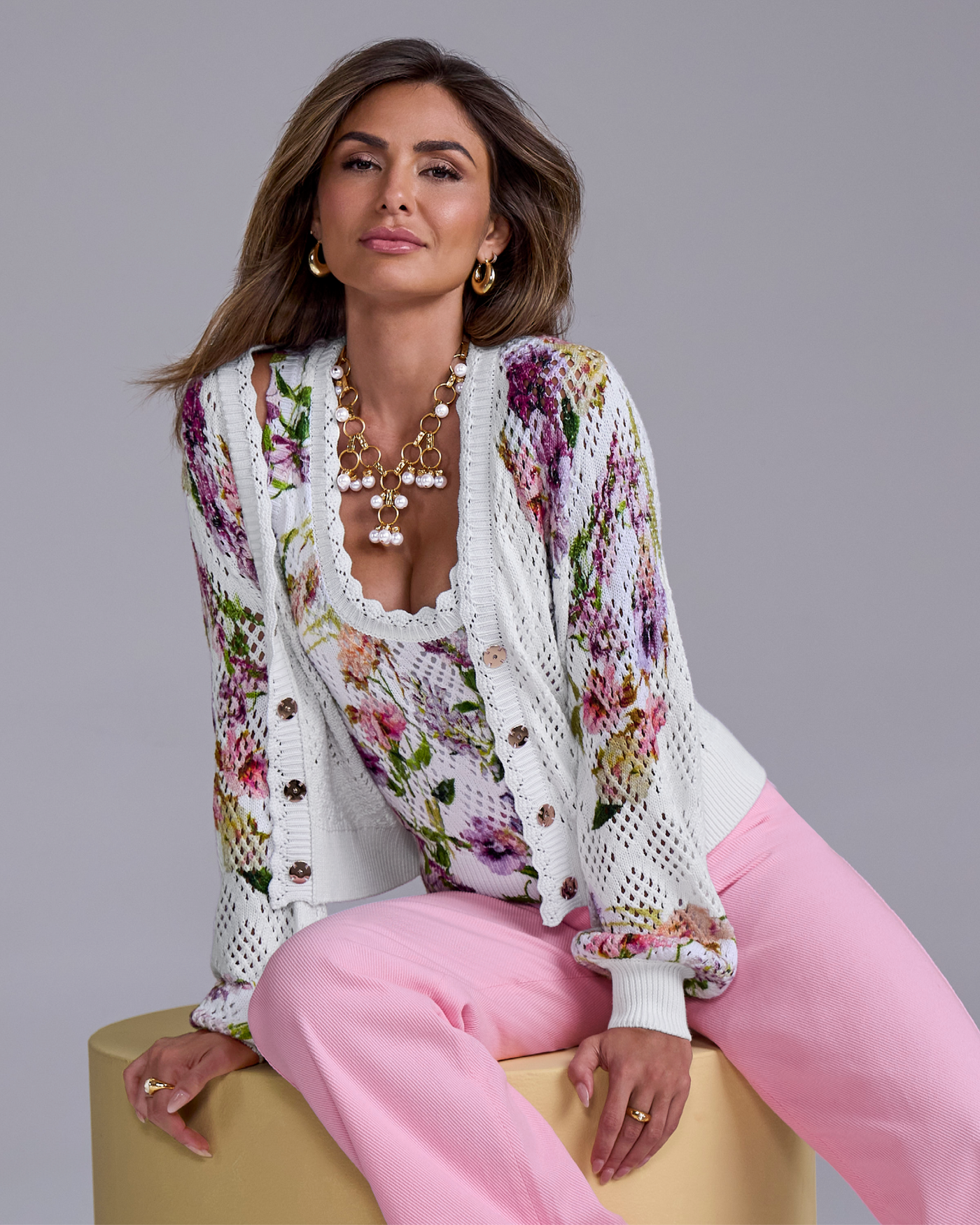 Printed Pointelle Cardigan Placed Pansies