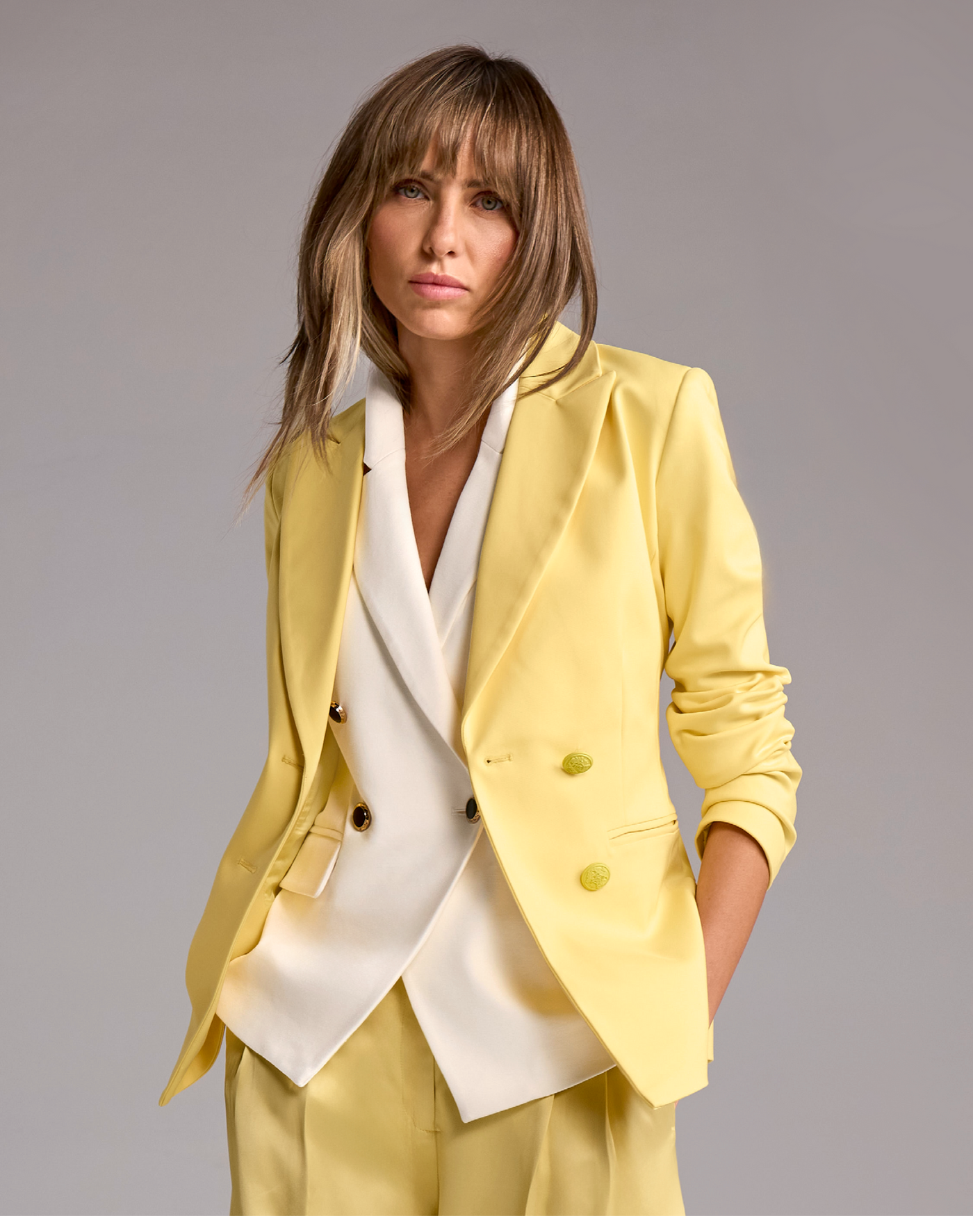 Chic Modern Double Breasted Blazer Pale Banana