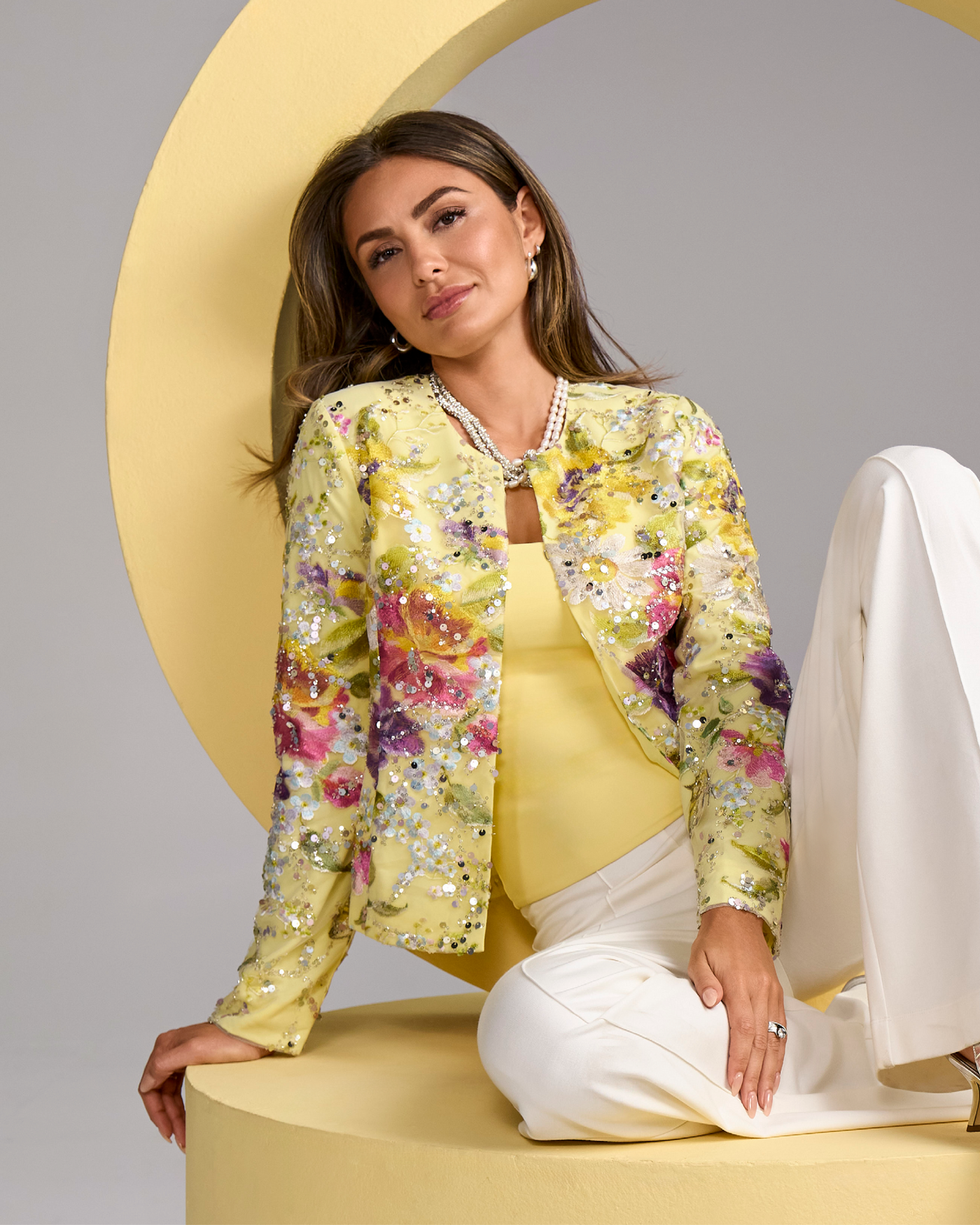 Floral Embroidered Sequin Jacket Pale Banana Multi