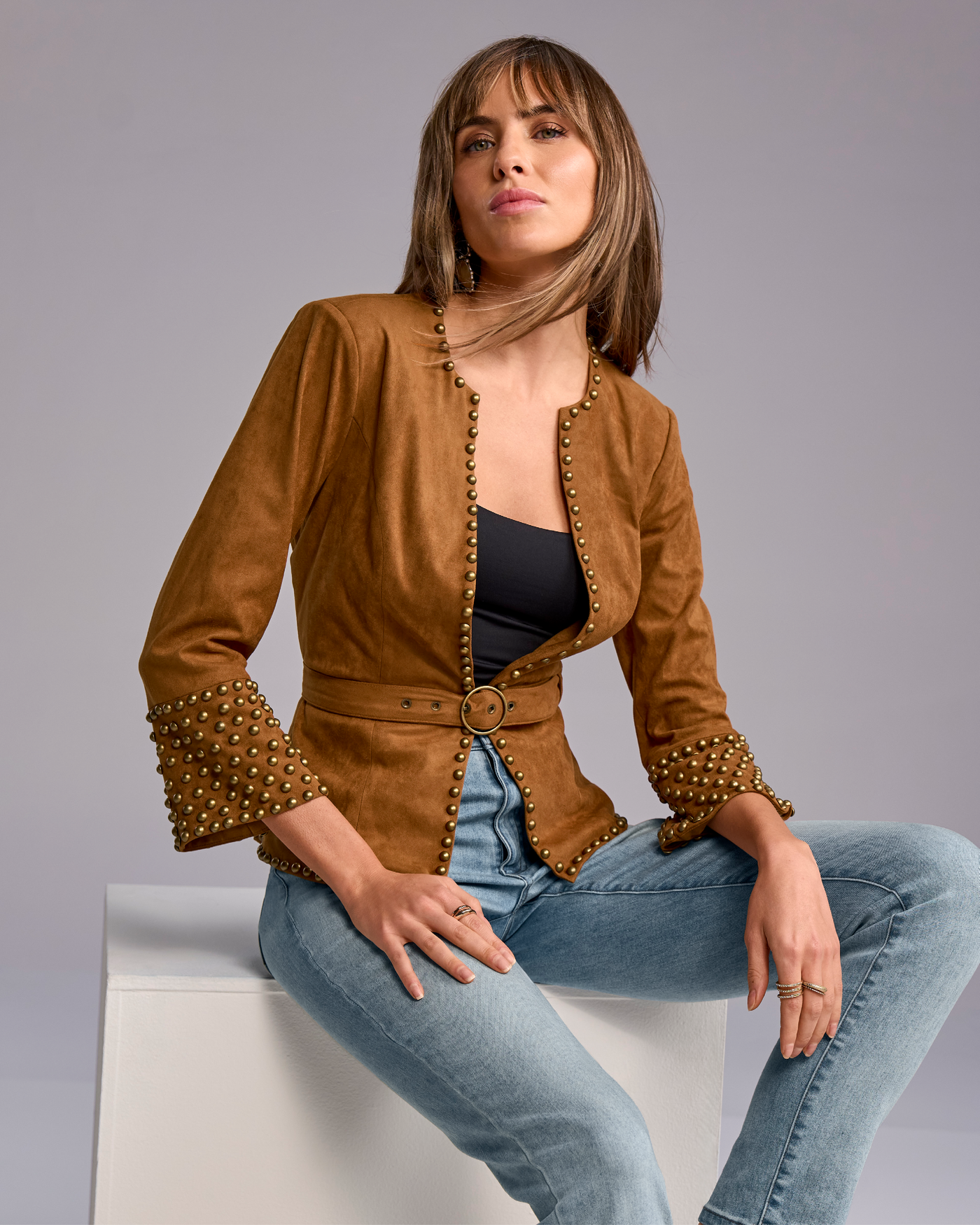 Studded Faux Suede Belted Jacket Cognac