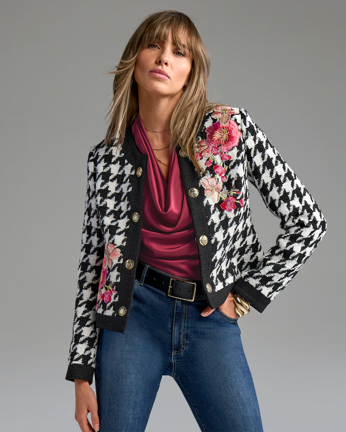 Houndstooth Tweed Jacket with Floral Embroidery Black/White