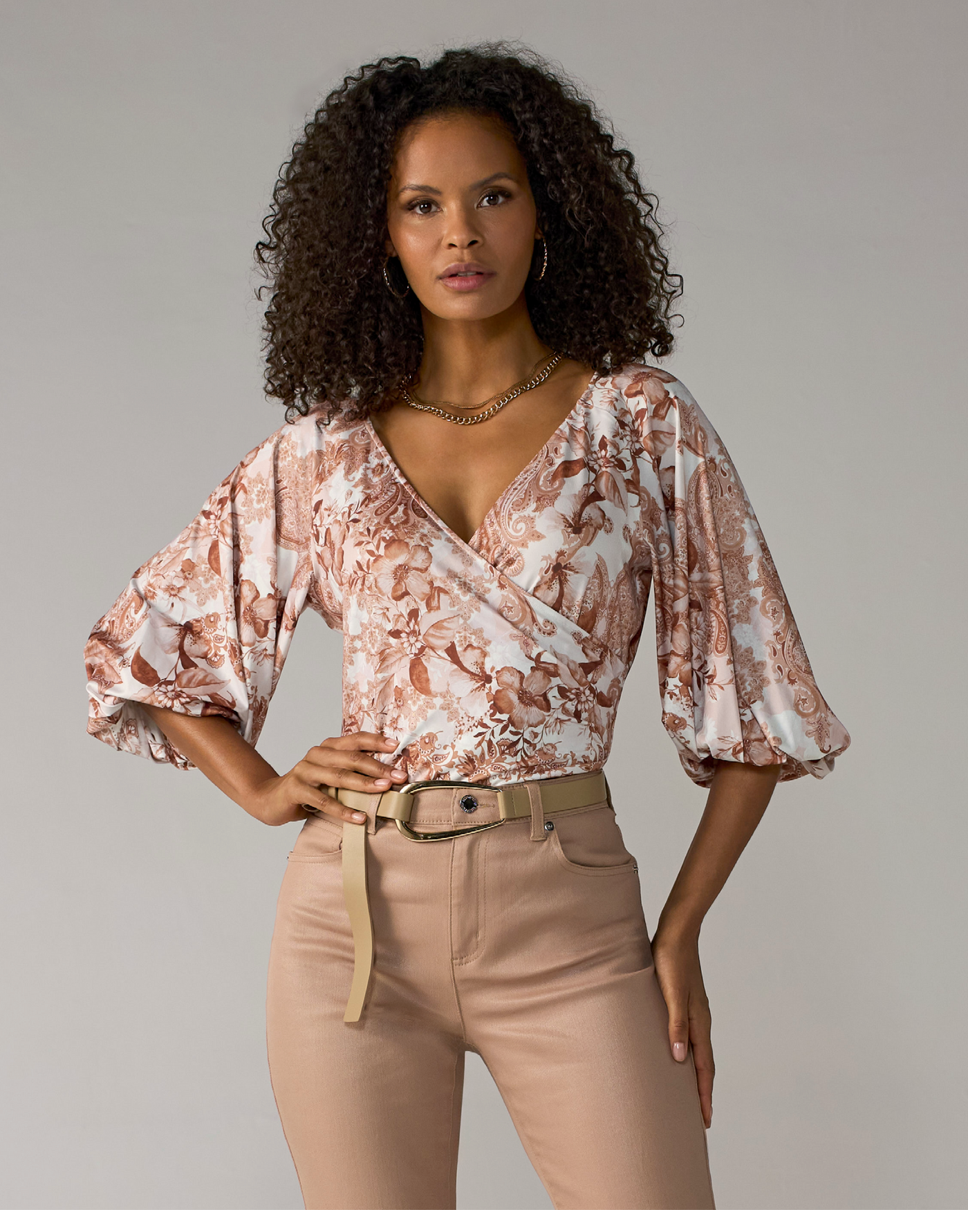 So Chic Printed Surplice Knit Top Paisley Fleur