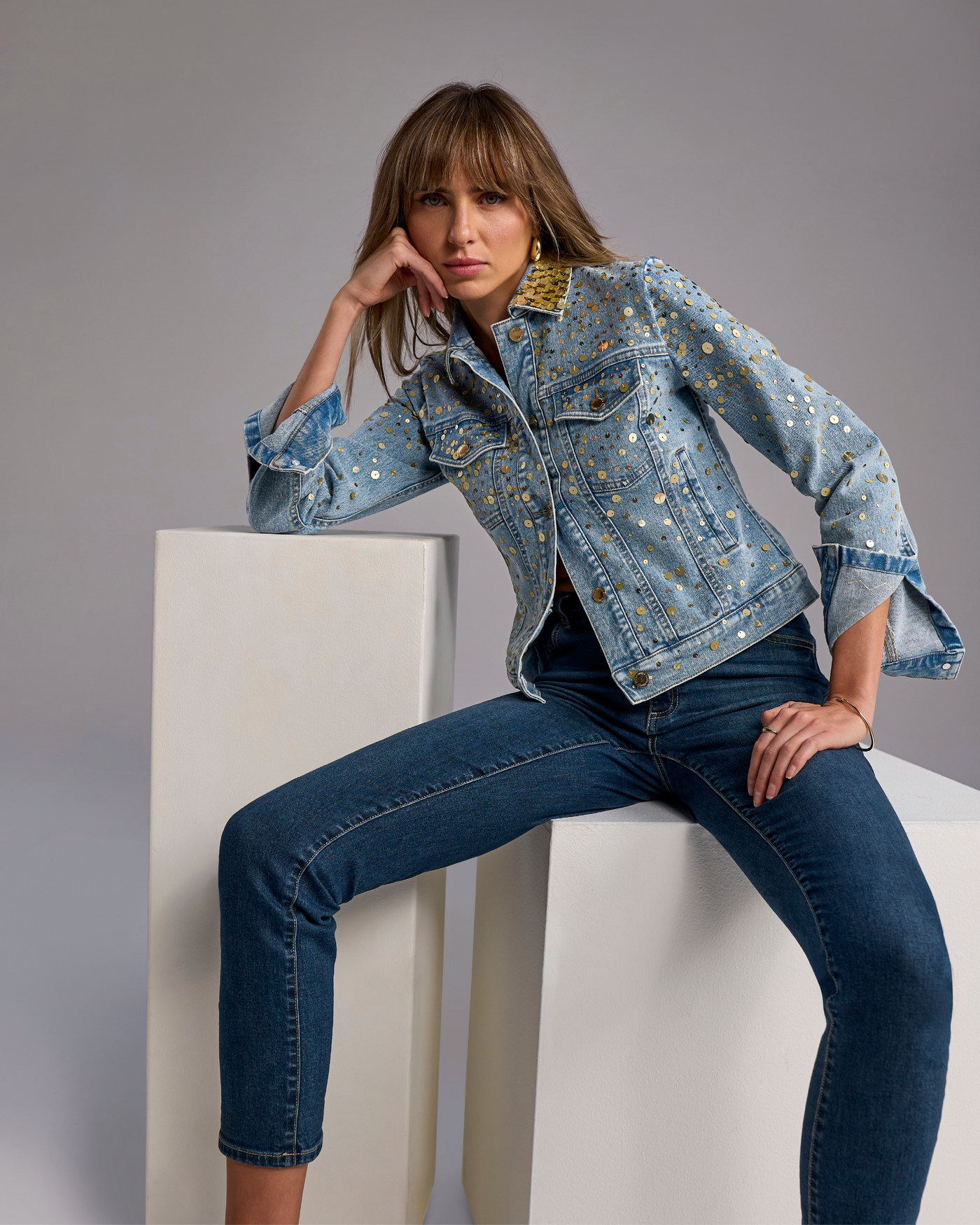 Ombre Sequin Embellished Denim Jacket - Med Wash Denim – Boston Proper
