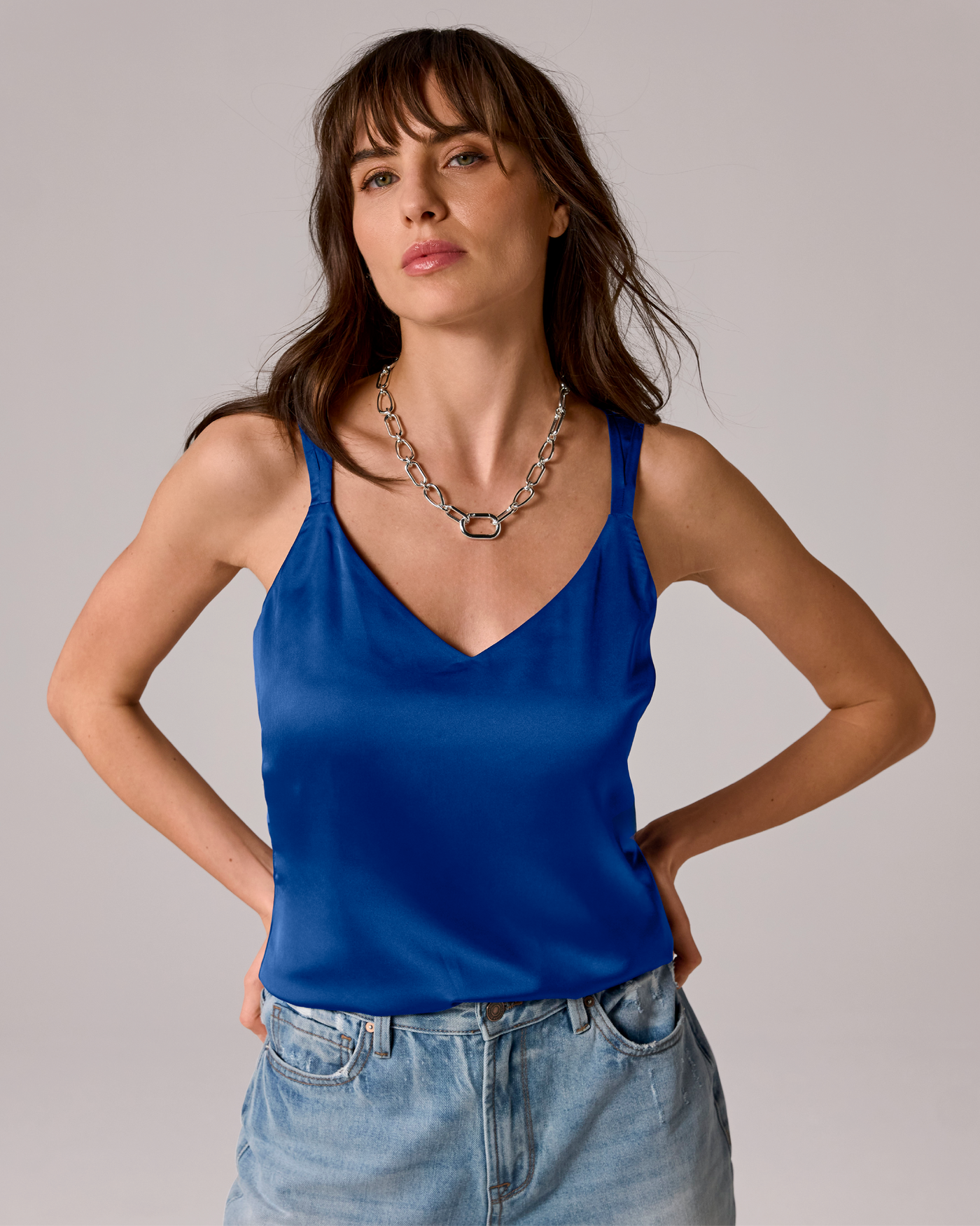 Lexi Sleeveless V-Neck Charmeuse Blouse Deep Ocean