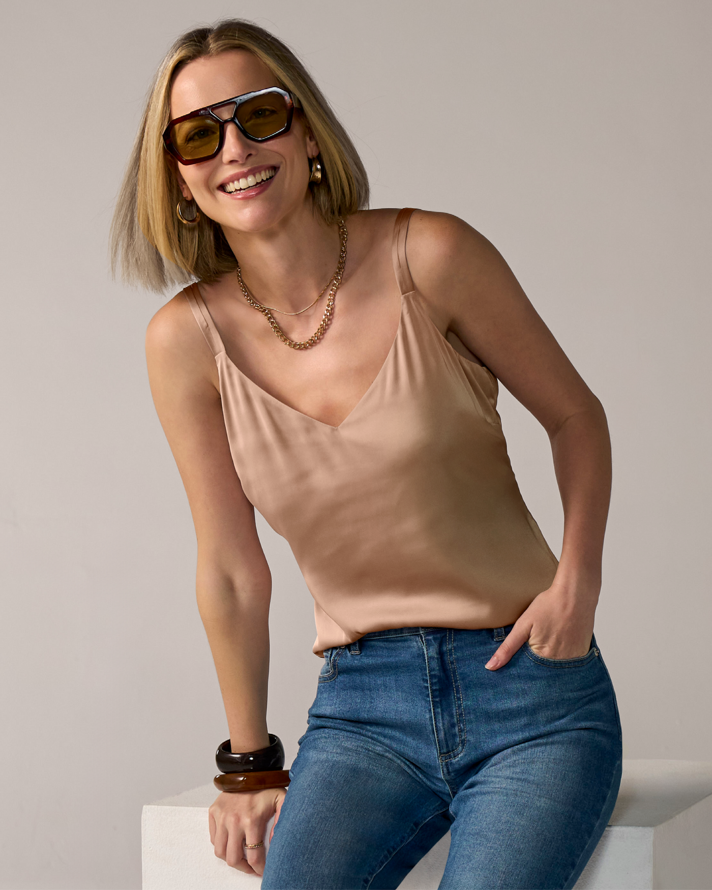 Lexi Sleeveless V-Neck Charmeuse Blouse Cappuccino
