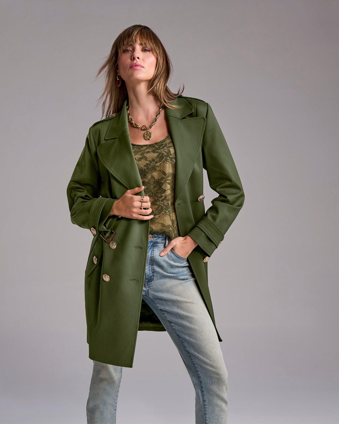 Modern Belted Mid Length Trench Olive Night