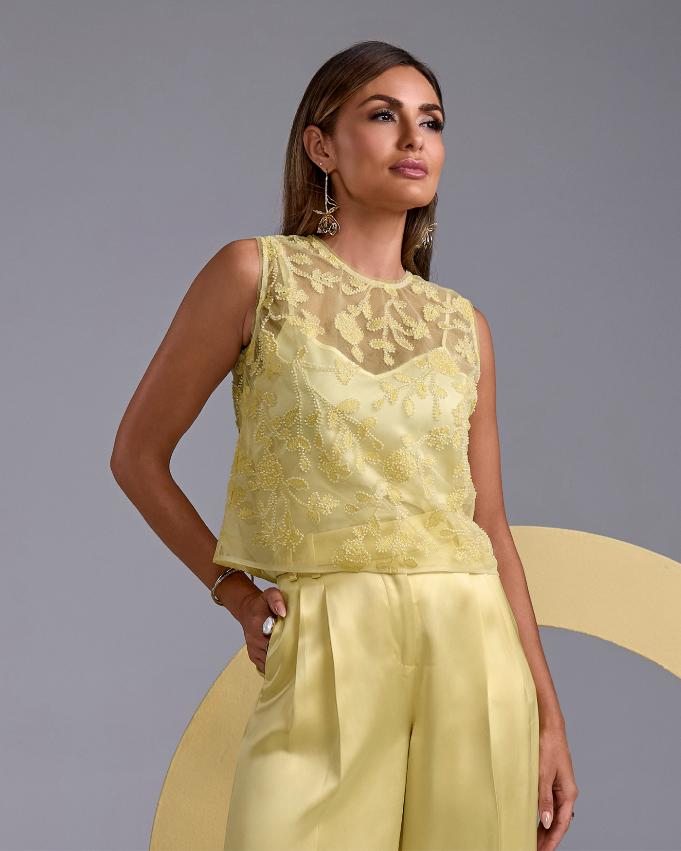 Floral Embellished Mesh Woven Top Pale Banana