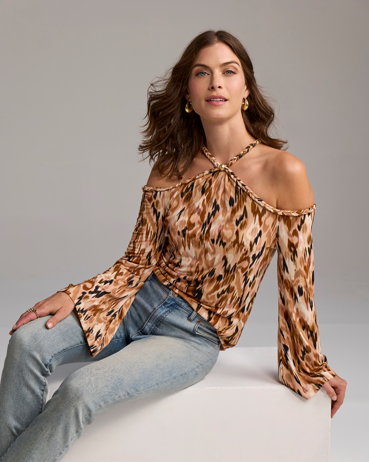 Printed Braided Detail Knit Top Animal Ikat