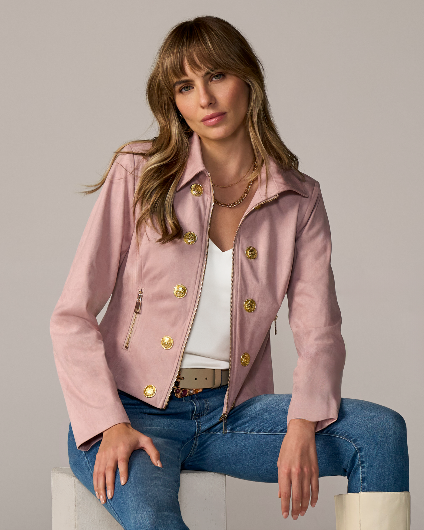 Zip Front Crest Button Faux Suede Jacket Pink