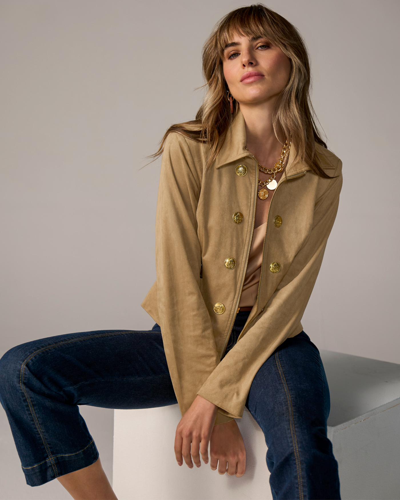 Zip Front Crest Button Faux Suede Jacket Sand