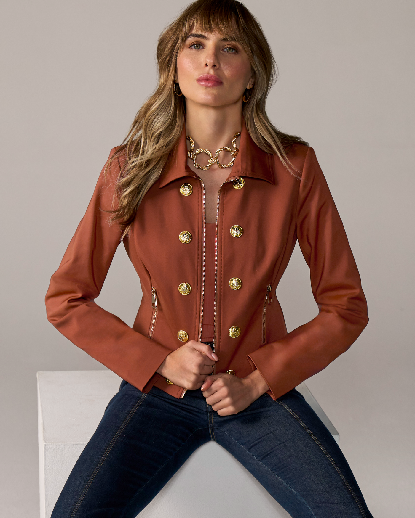 Modern Zip Front Crest Button Jacket Paprika