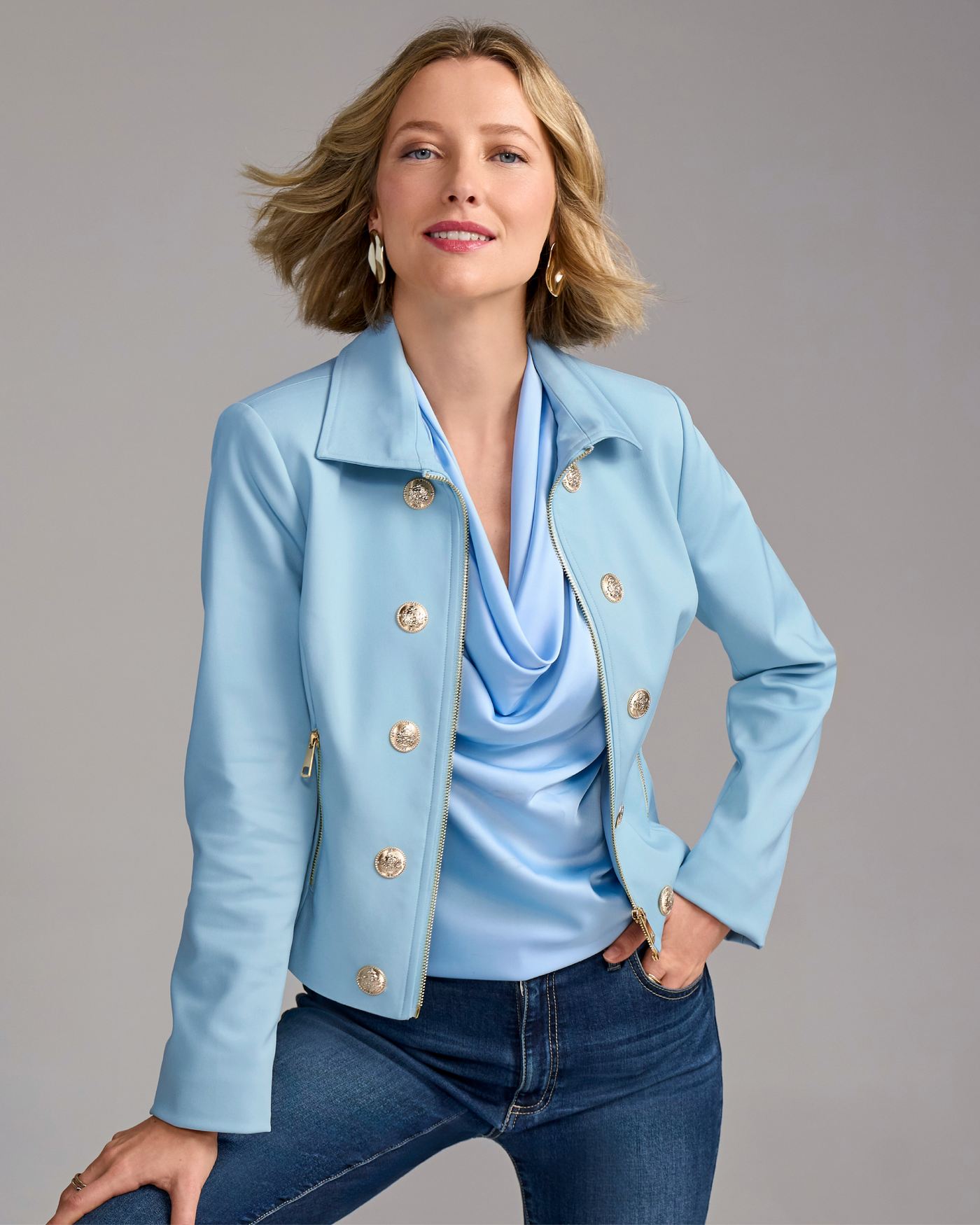 Modern Zip Front Crest Button Jacket Blue Cloud