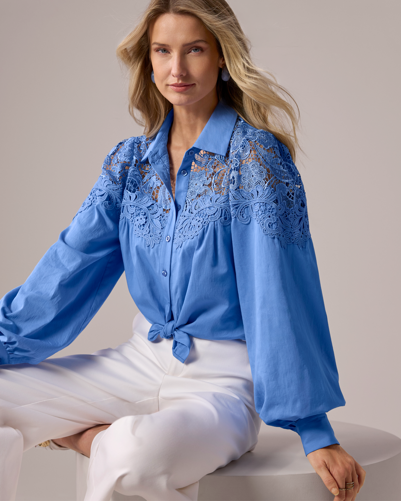Lace Button Up Shirt Ultramarine