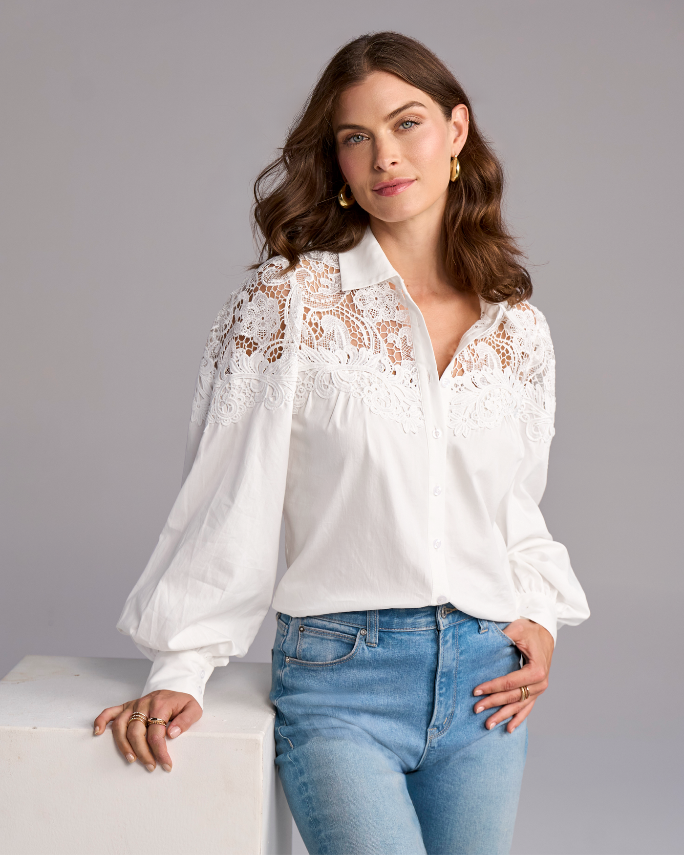Lace Button Up Shirt Pure White