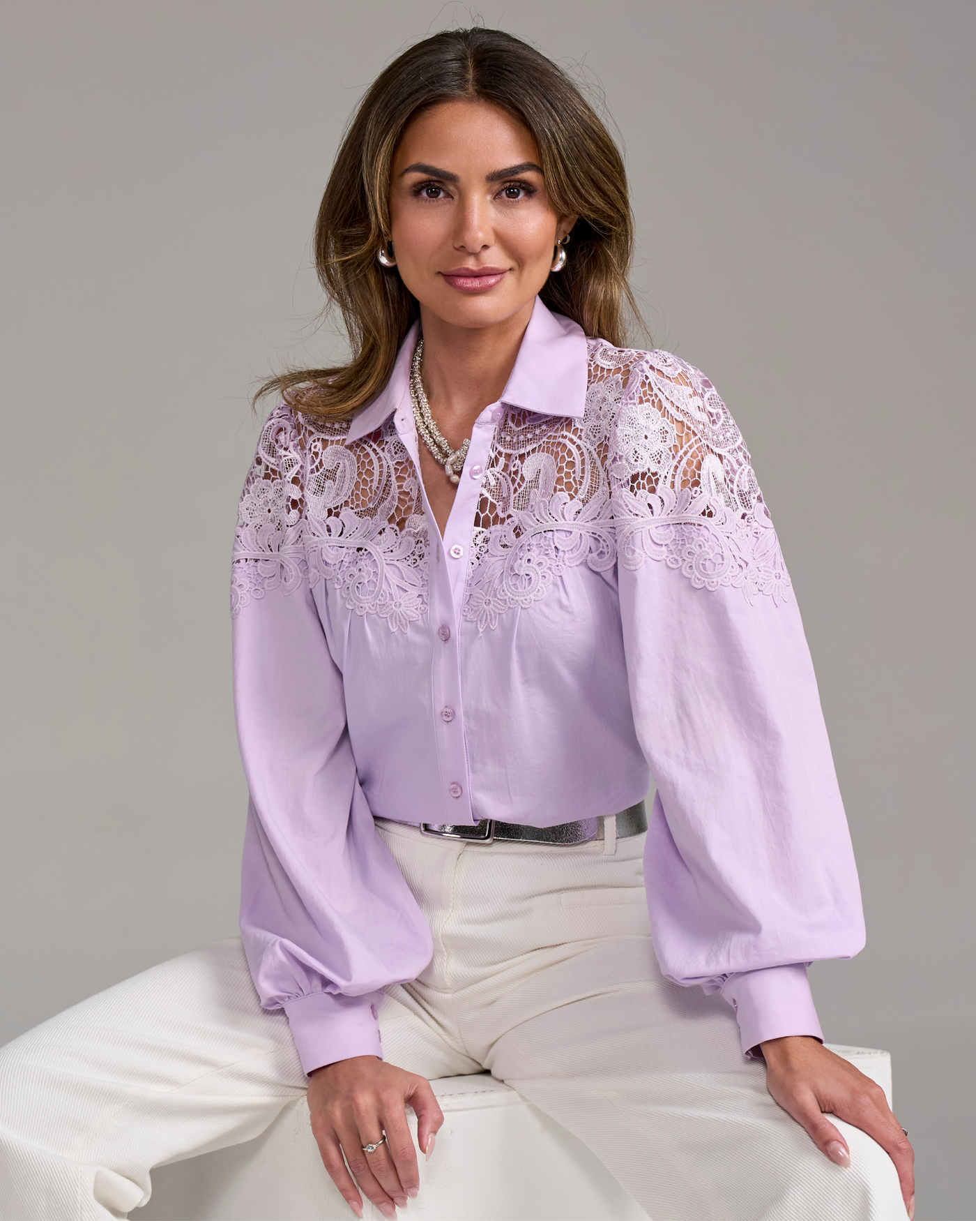 Lace Button Up Shirt Pastel Lilac