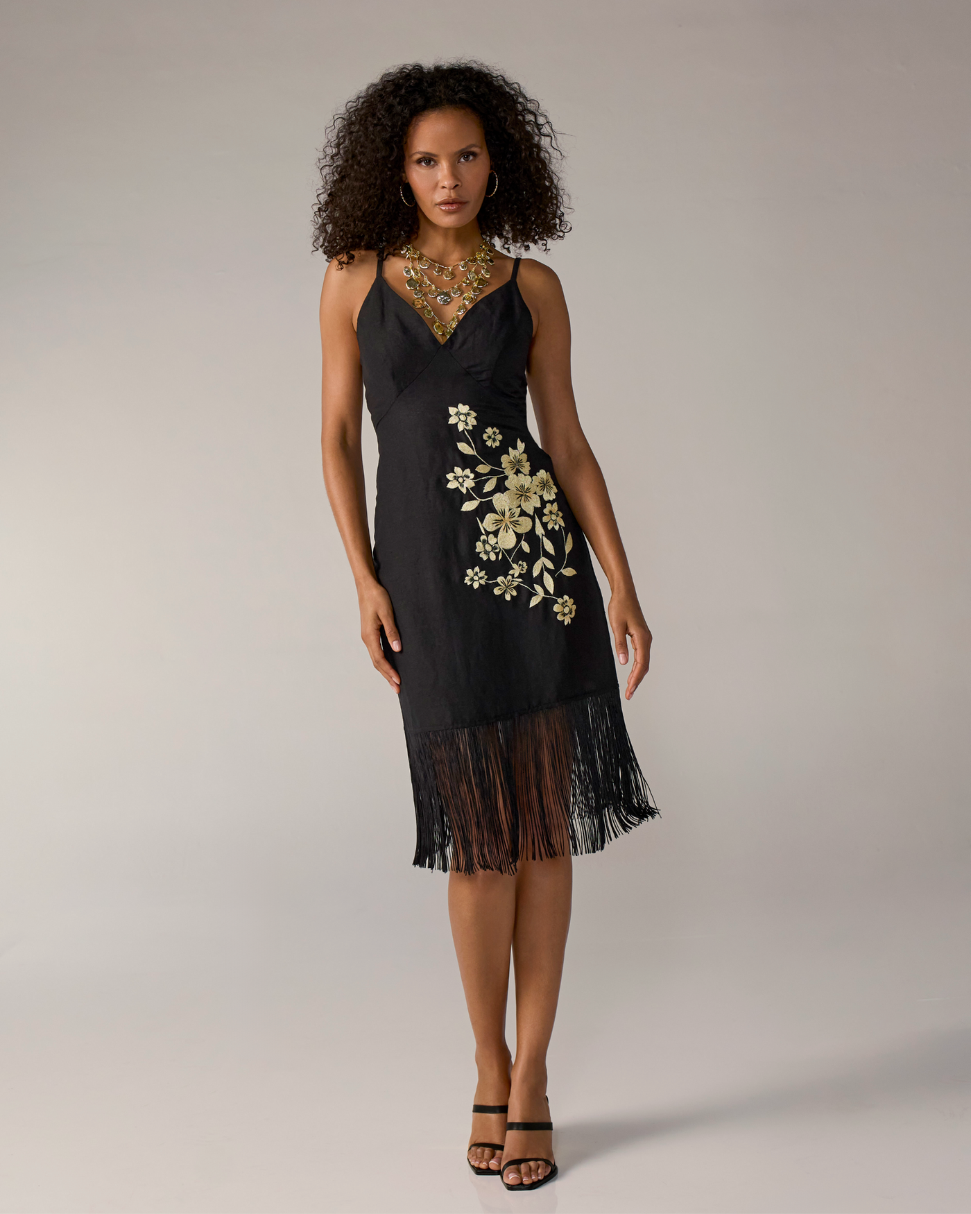 Embroidered Fringe Midi Dress Black/Gold