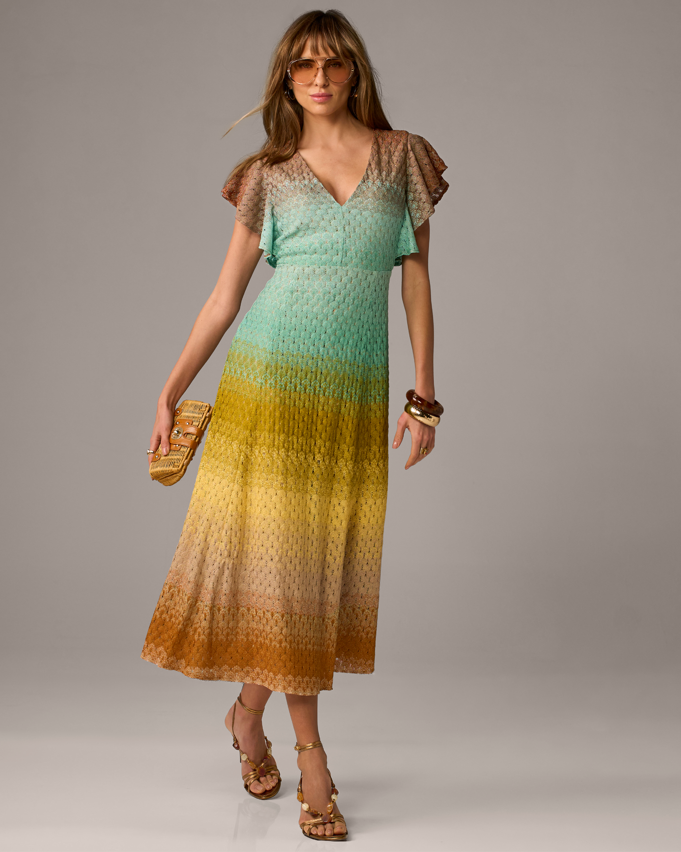 Ombre Lurex V-Neck Textured Dress Multi
