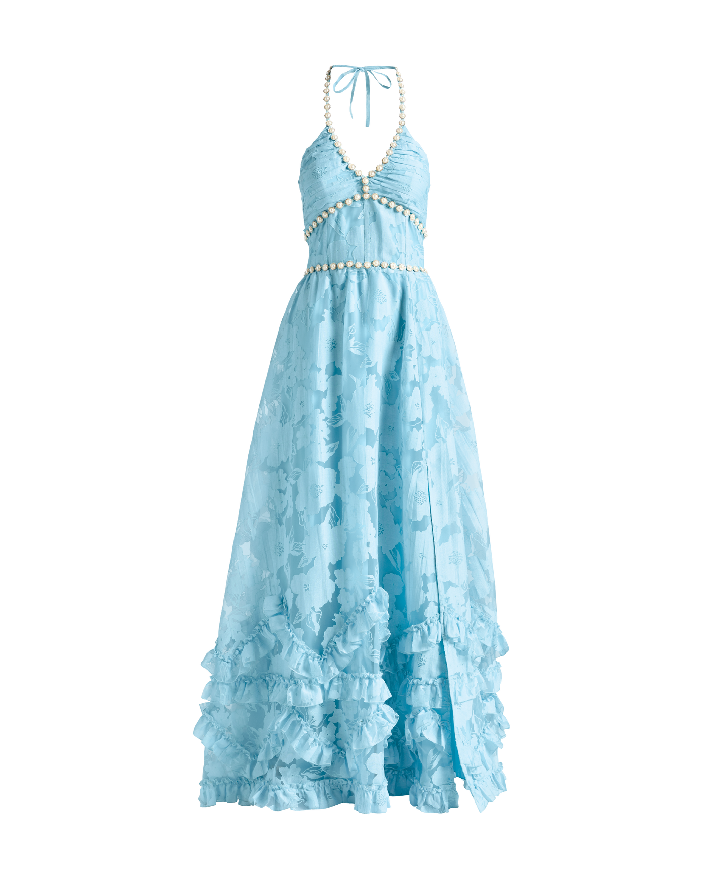 blue dress polyvore Boston Proper - Corydalis - Pearl Embellished Burn Out Maxi elegant short dress Blue and White Floral Adorned with an elegant Width:WIDE (3E)
