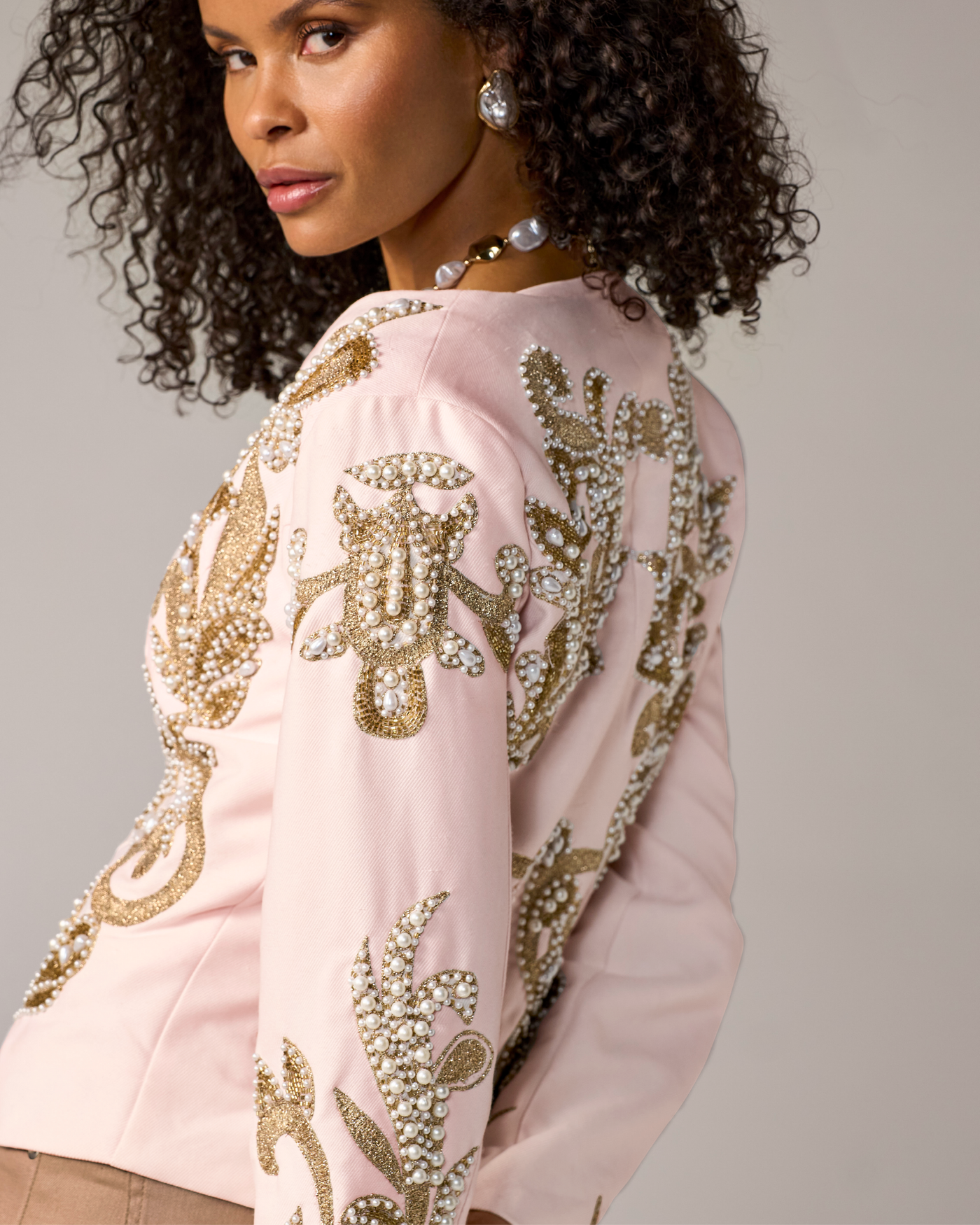 Gold & Pearl Embellished Jacket Pale Blush