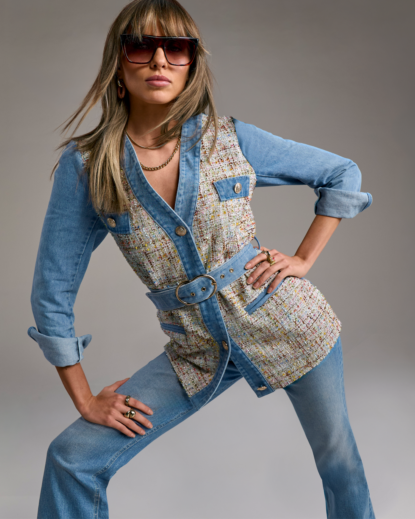 Denim & Tweed Tie Waist Utility Jacket Ultra Light Wash