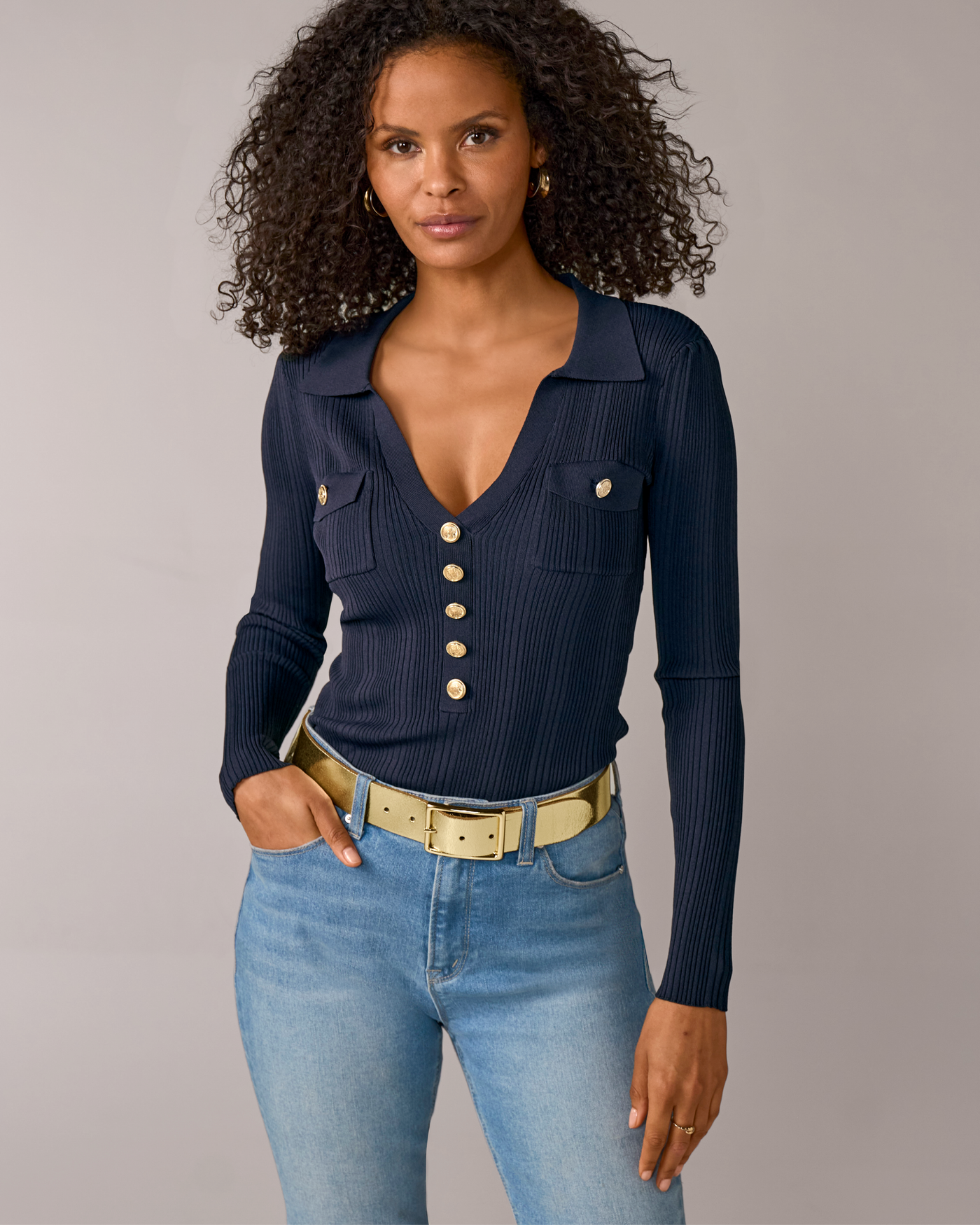 Crested Button Collared Rib Sweater Top Navy
