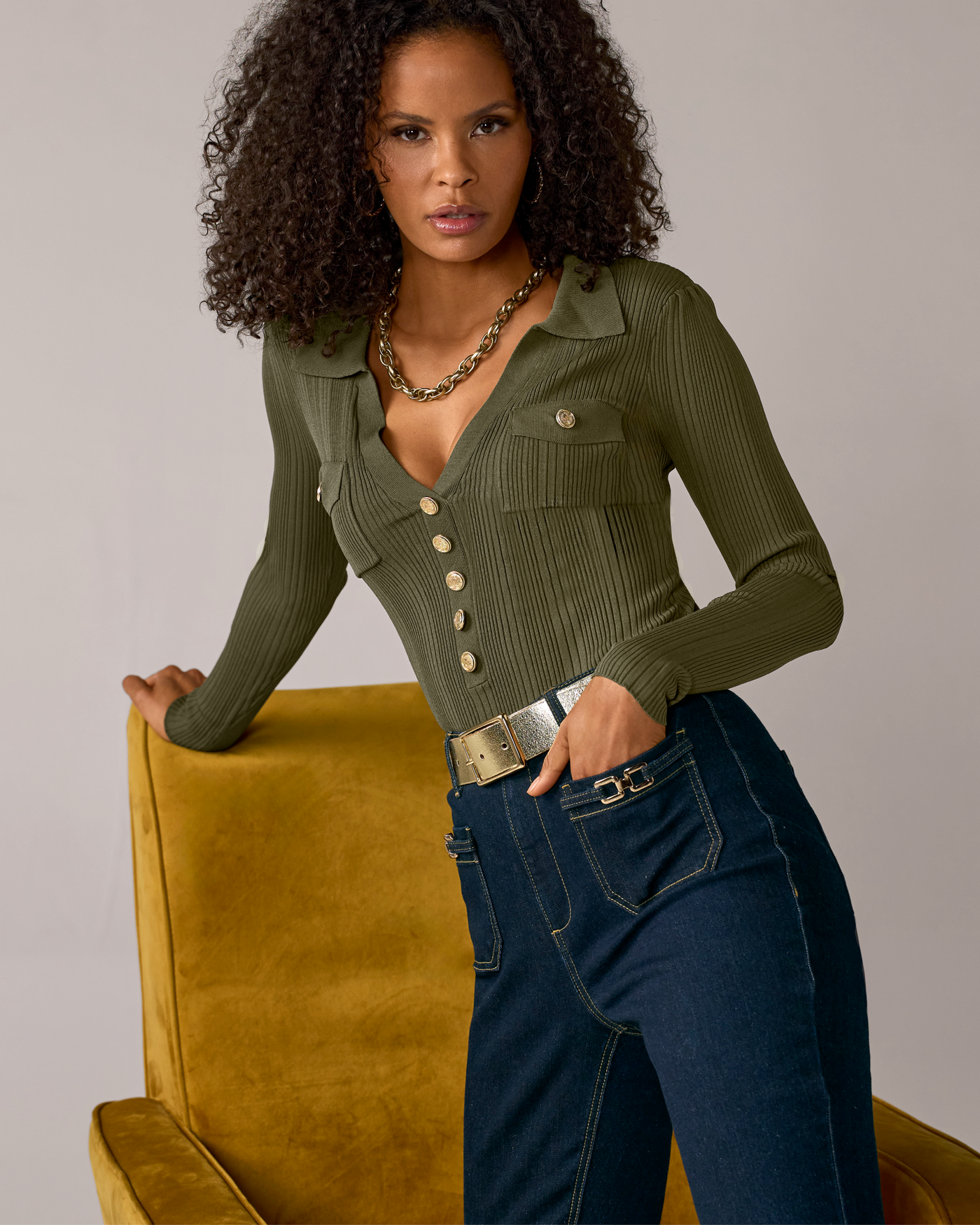 Crested Button Collared Rib Sweater Top Olive