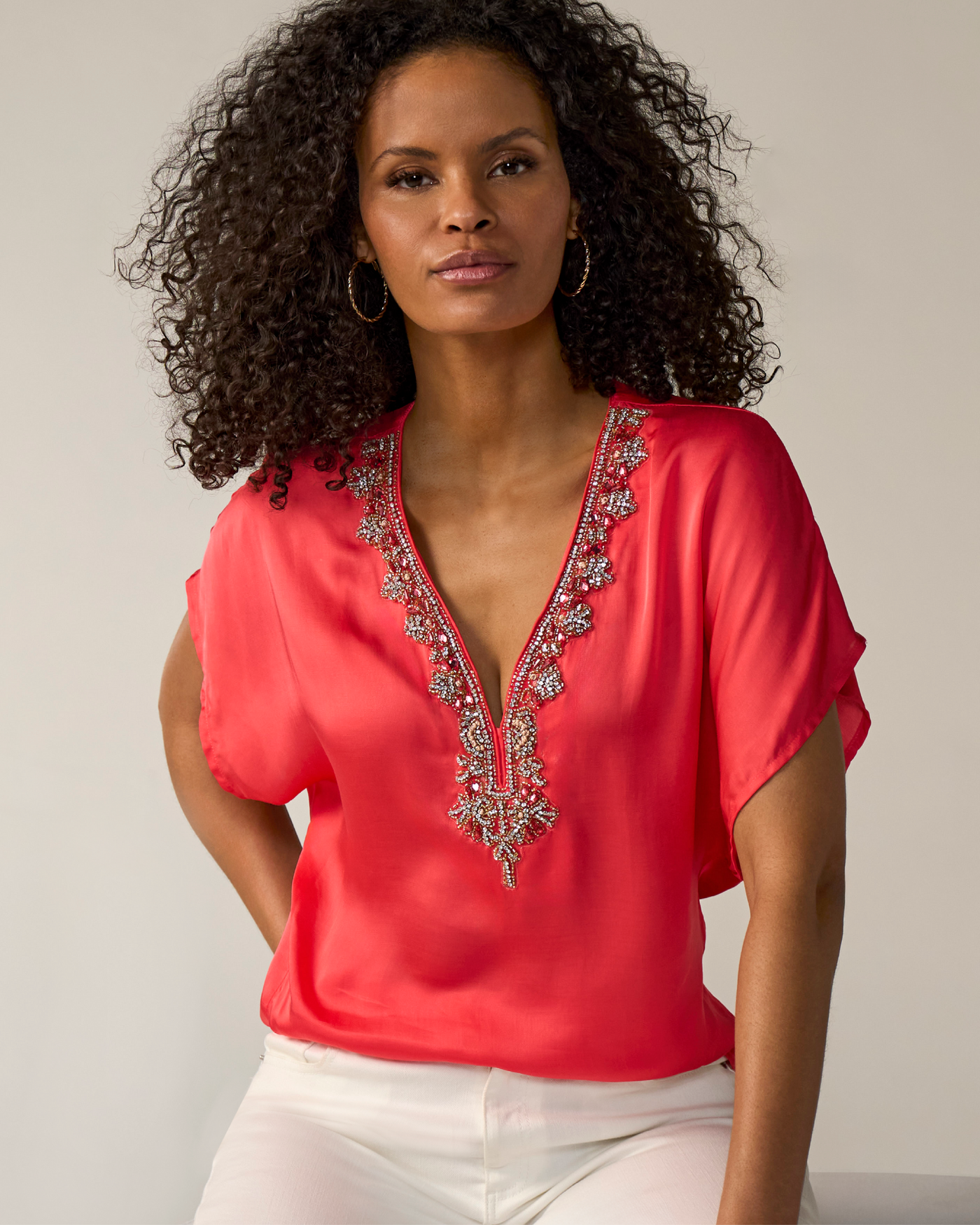 Charmeuse Embellished Short Sleeve Top Hibiscus