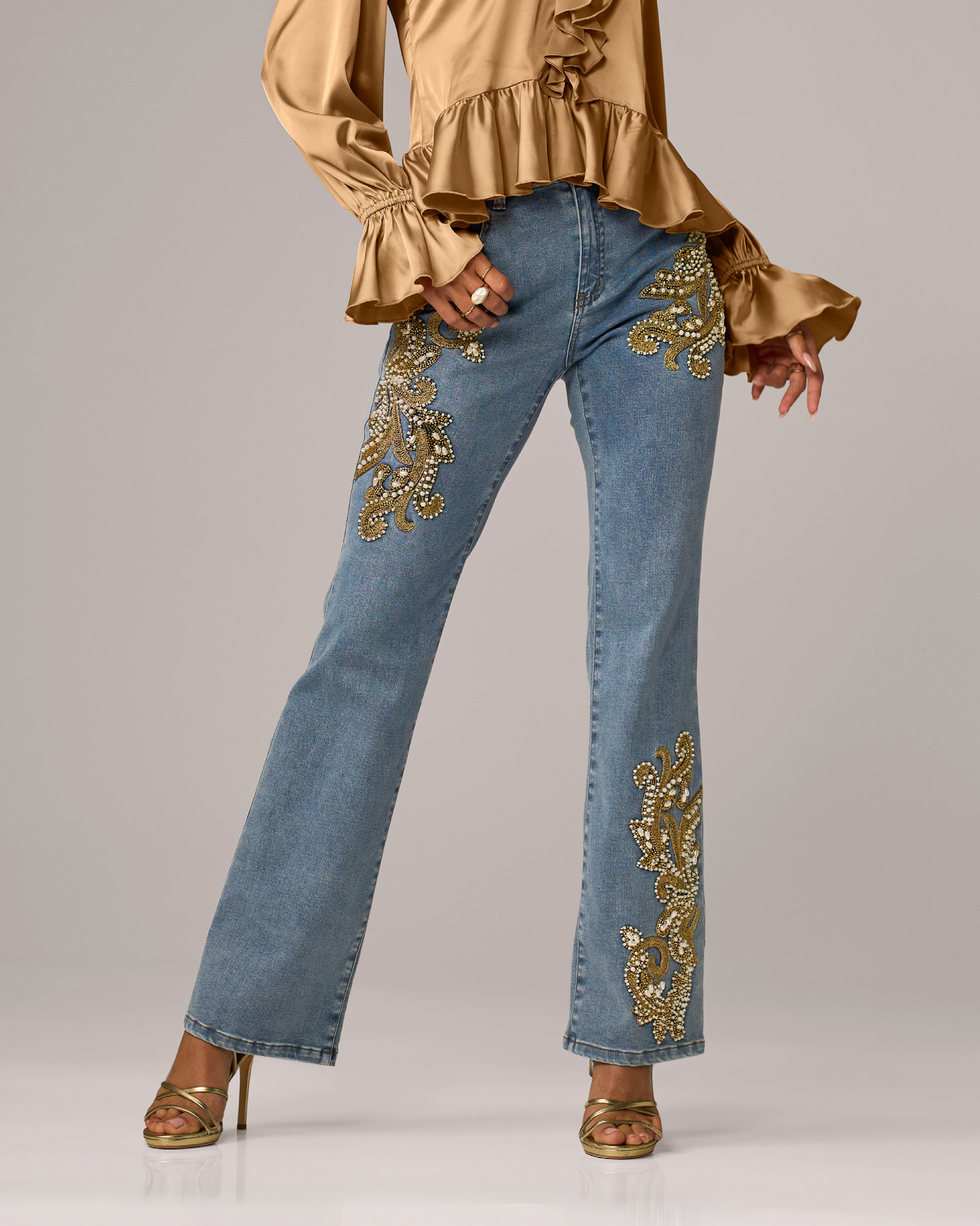 Scroll and Pearl Embellished Bootcut Jean Medium Wash