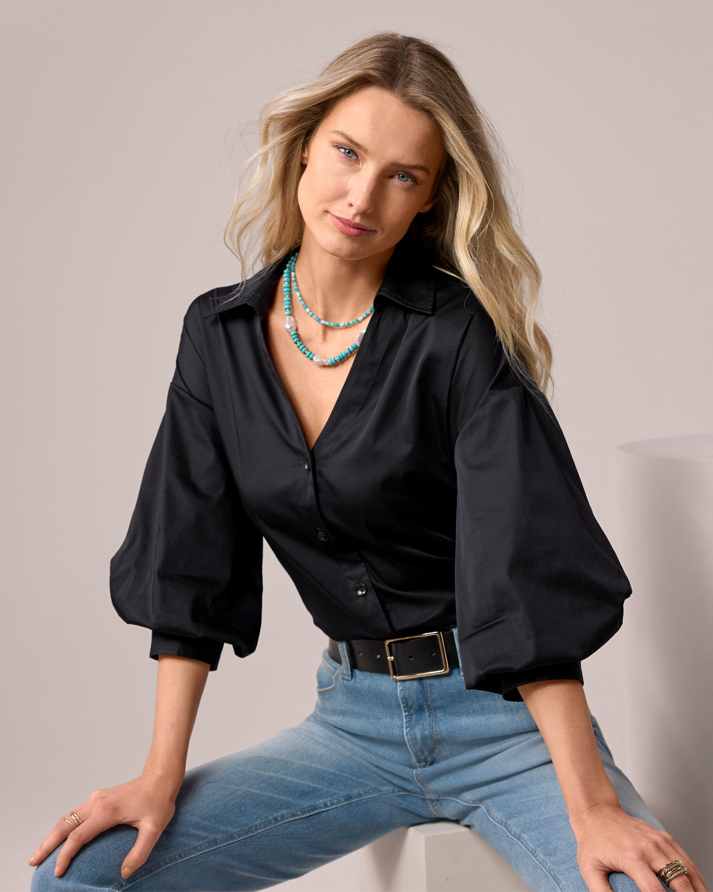 Poplin Puff Sleeve Button Up Shirt Black