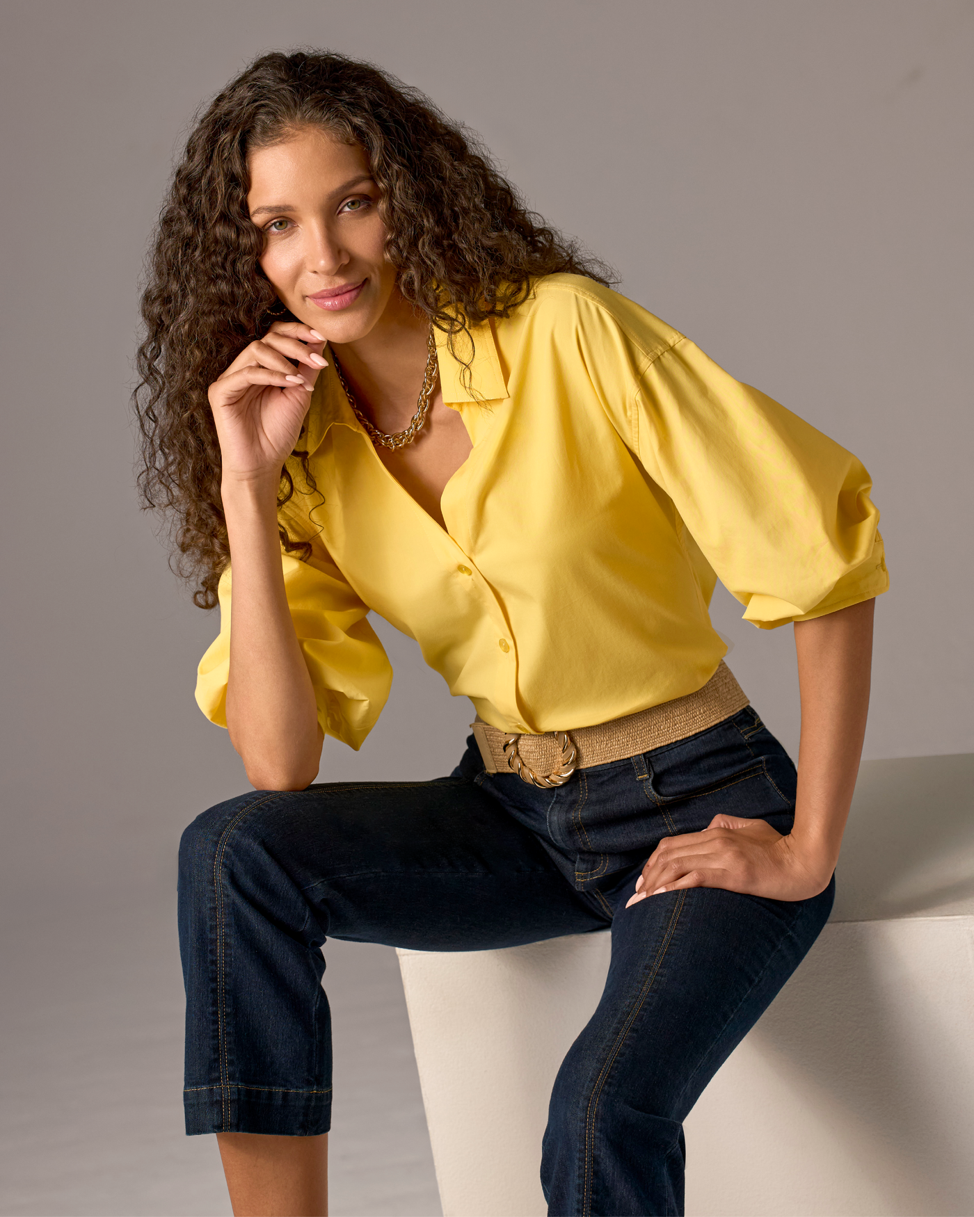 Poplin Puff Sleeve Button Up Shirt Lemon Drop