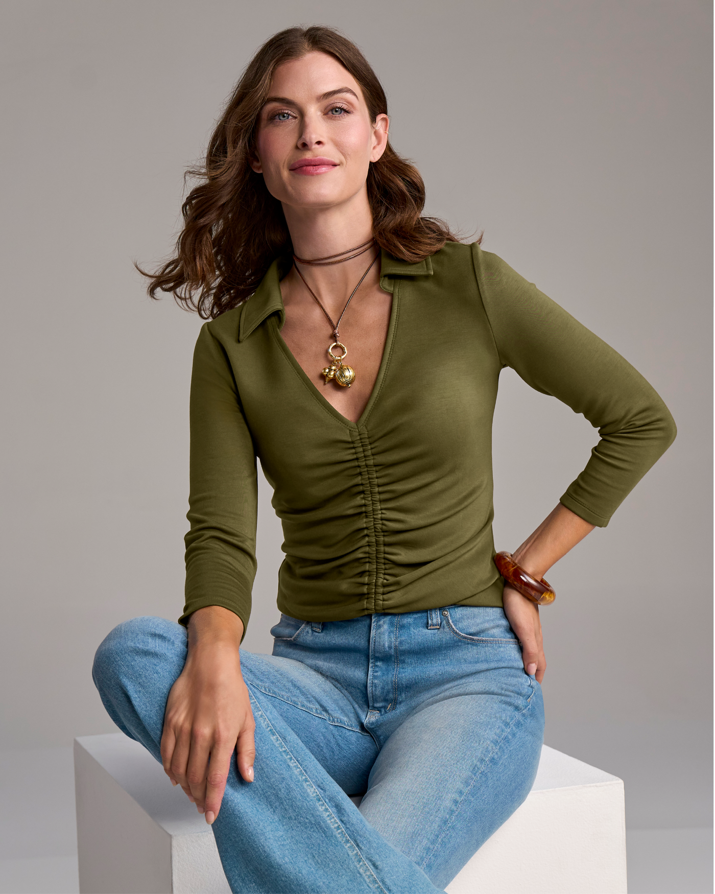 Ruched Polo Knit Top Olive Night