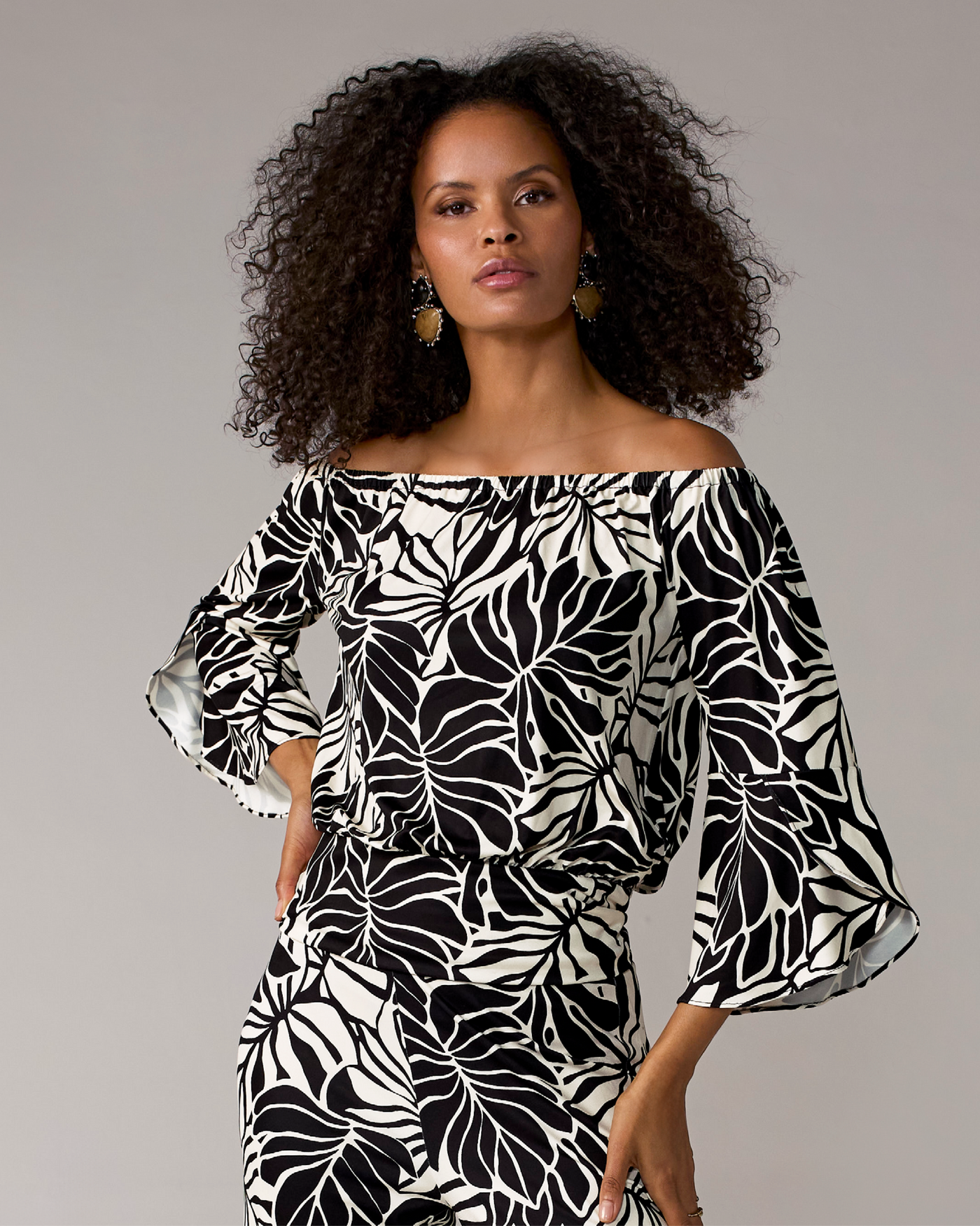 Printed Off the Shoulder Ruffled Sleeve Blouson Contrast Leaves