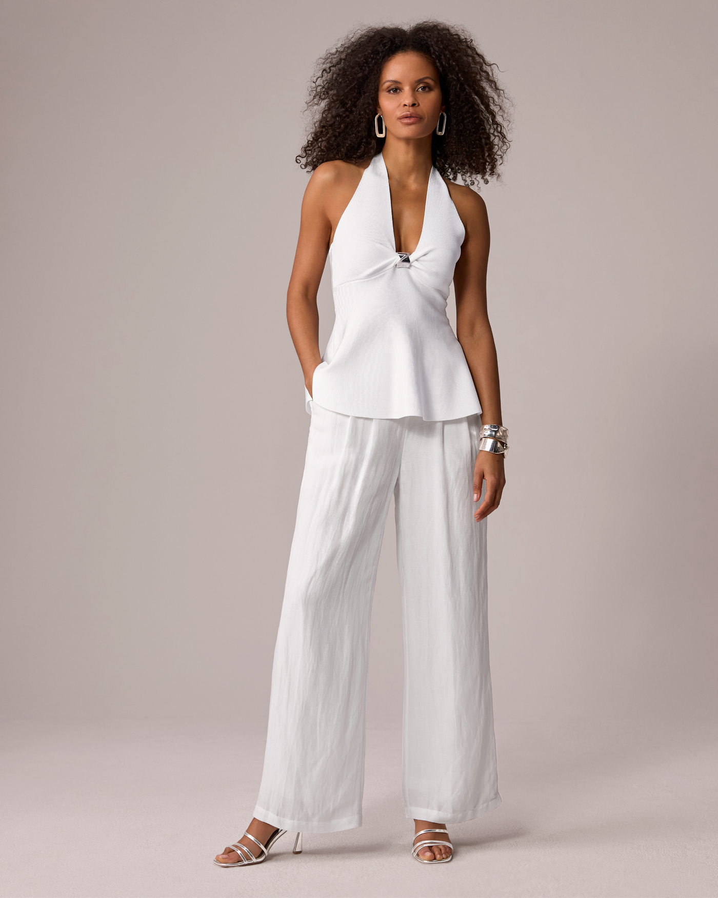 Tie Waist Wide Leg Linen Pant White