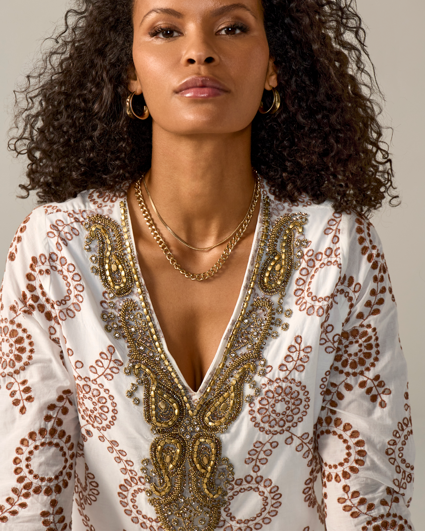Embellished Scallop Eyelet Tunic Brown Multi
