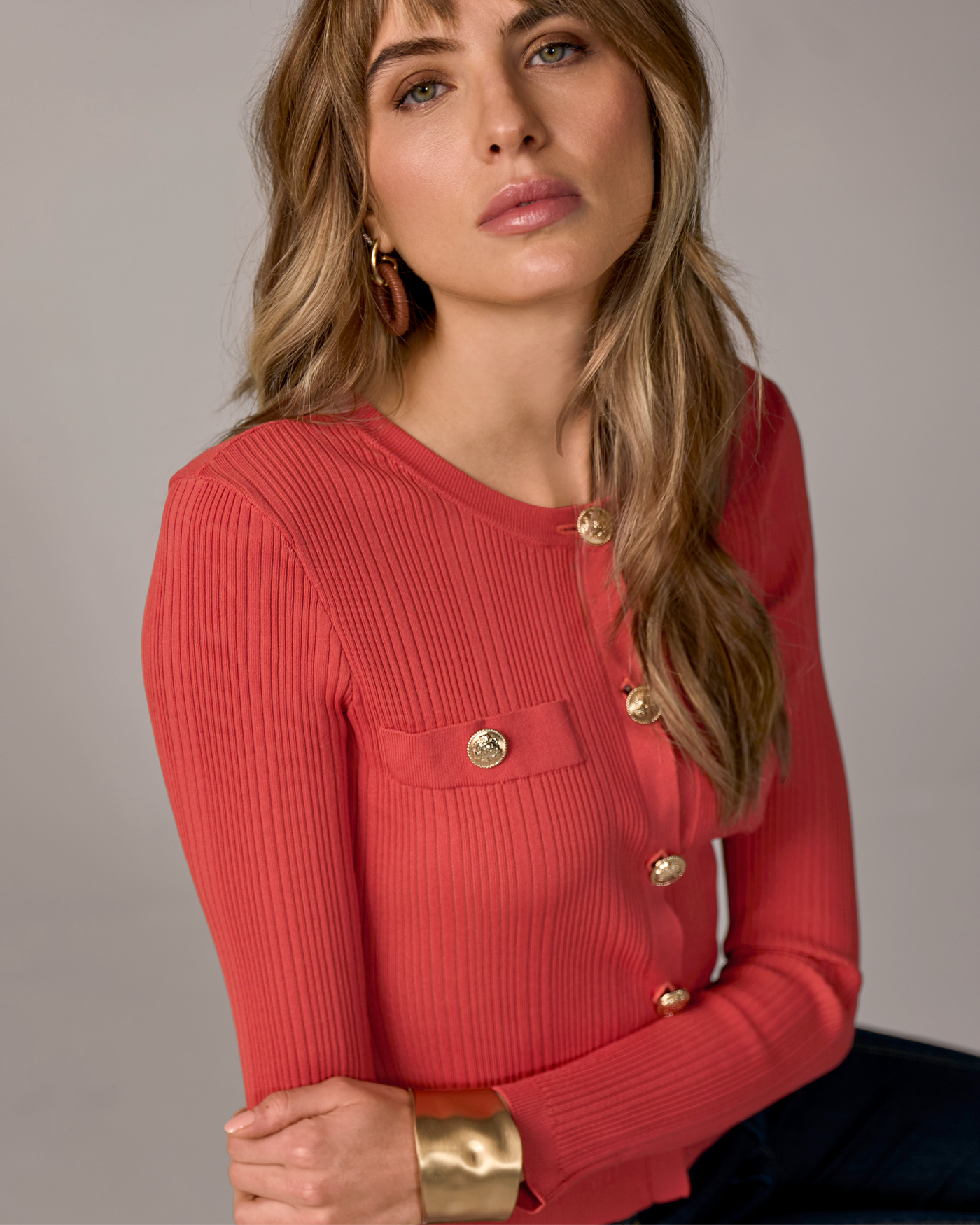 Crested Button Sweater Cardigan Chili