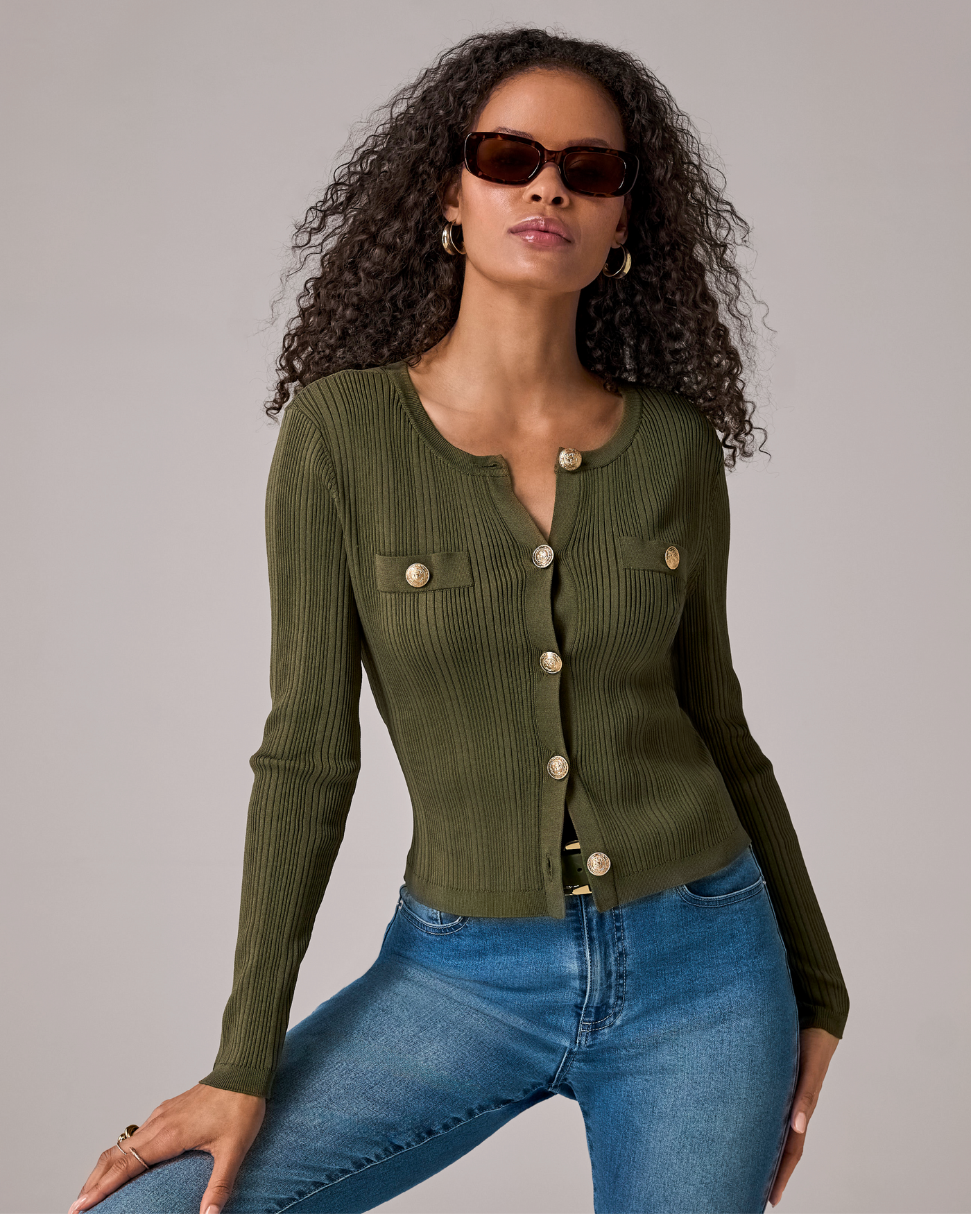 Crested Button Sweater Cardigan Olive Night