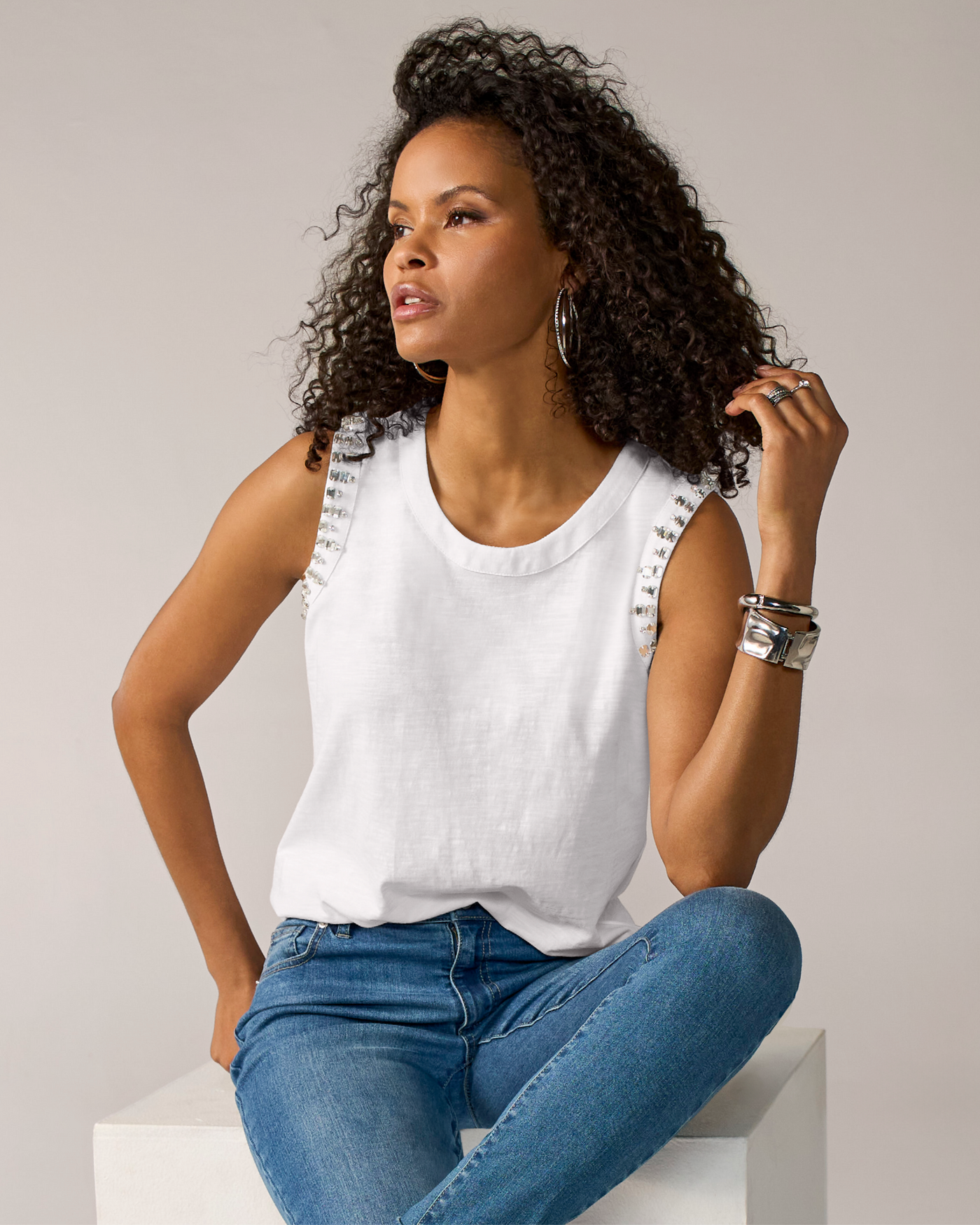 Slub Embellished Tank White