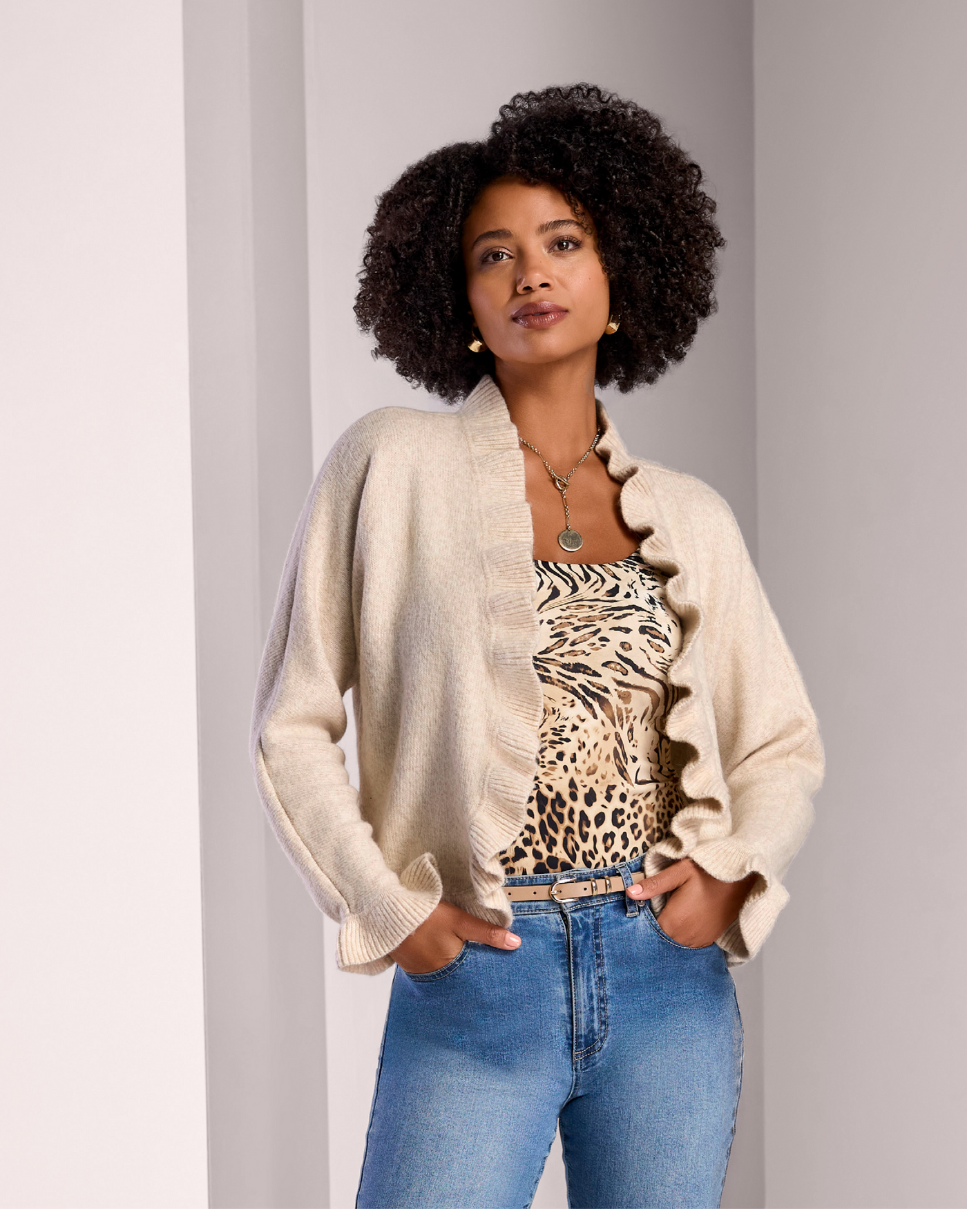 Relaxed Ruffle Open Front Cardigan Heather Oatmeal