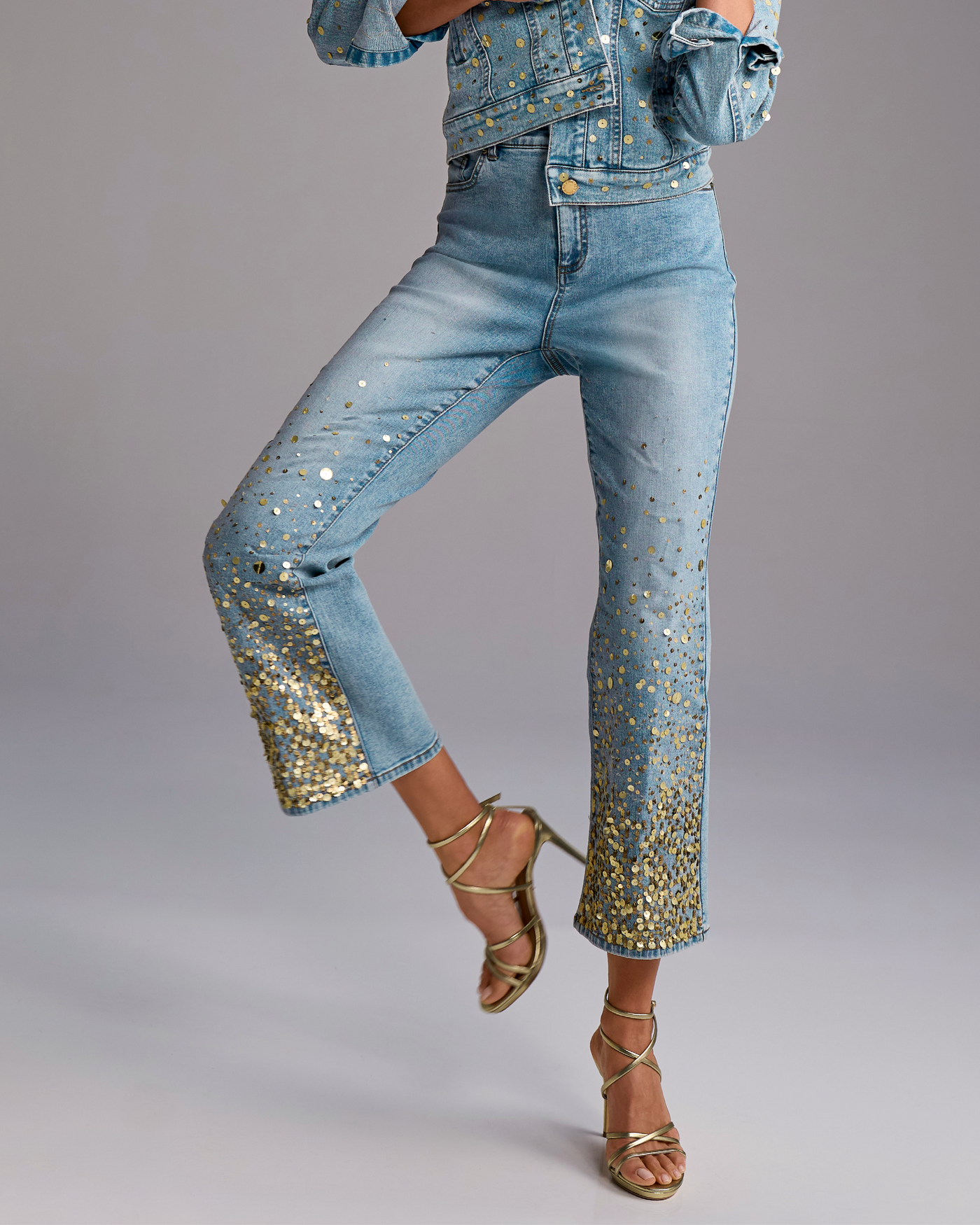 Ombre Sequin Kick Flare Crop Jean Medium Wash Denim